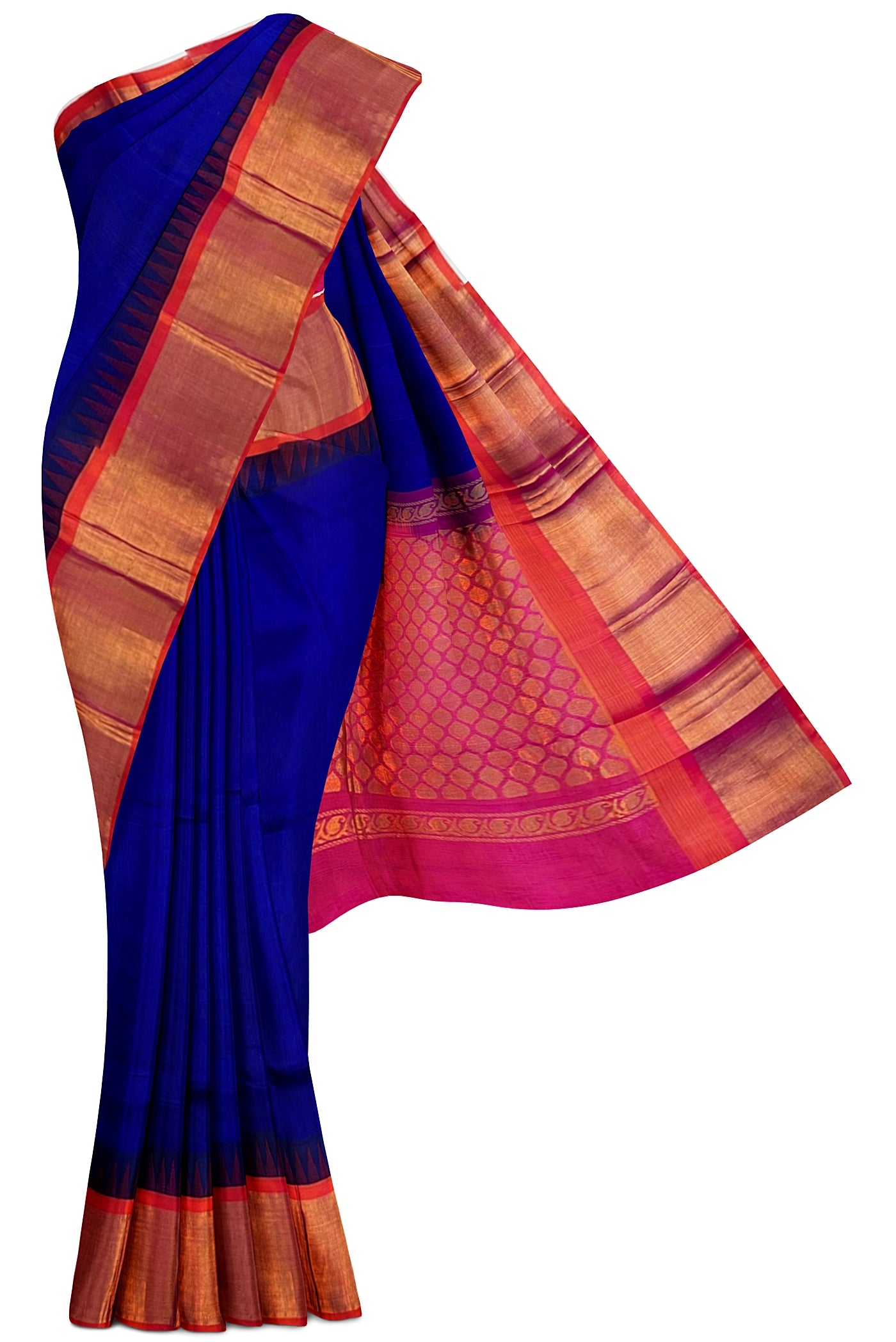 Navy Blue Korvai Silk Cotton Saree With Plain Pattern
