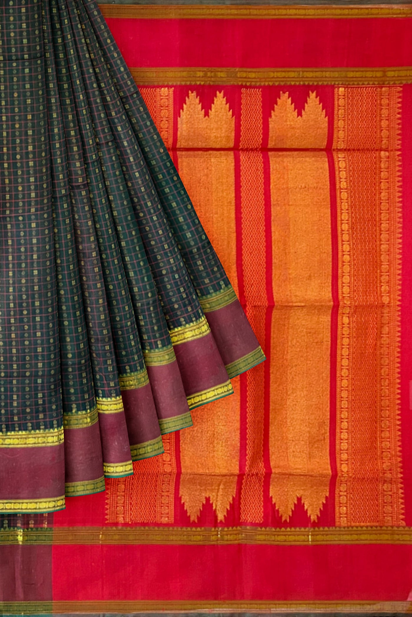 Bottle Green Silk Cotton Saree With Meenakari Work Pattern