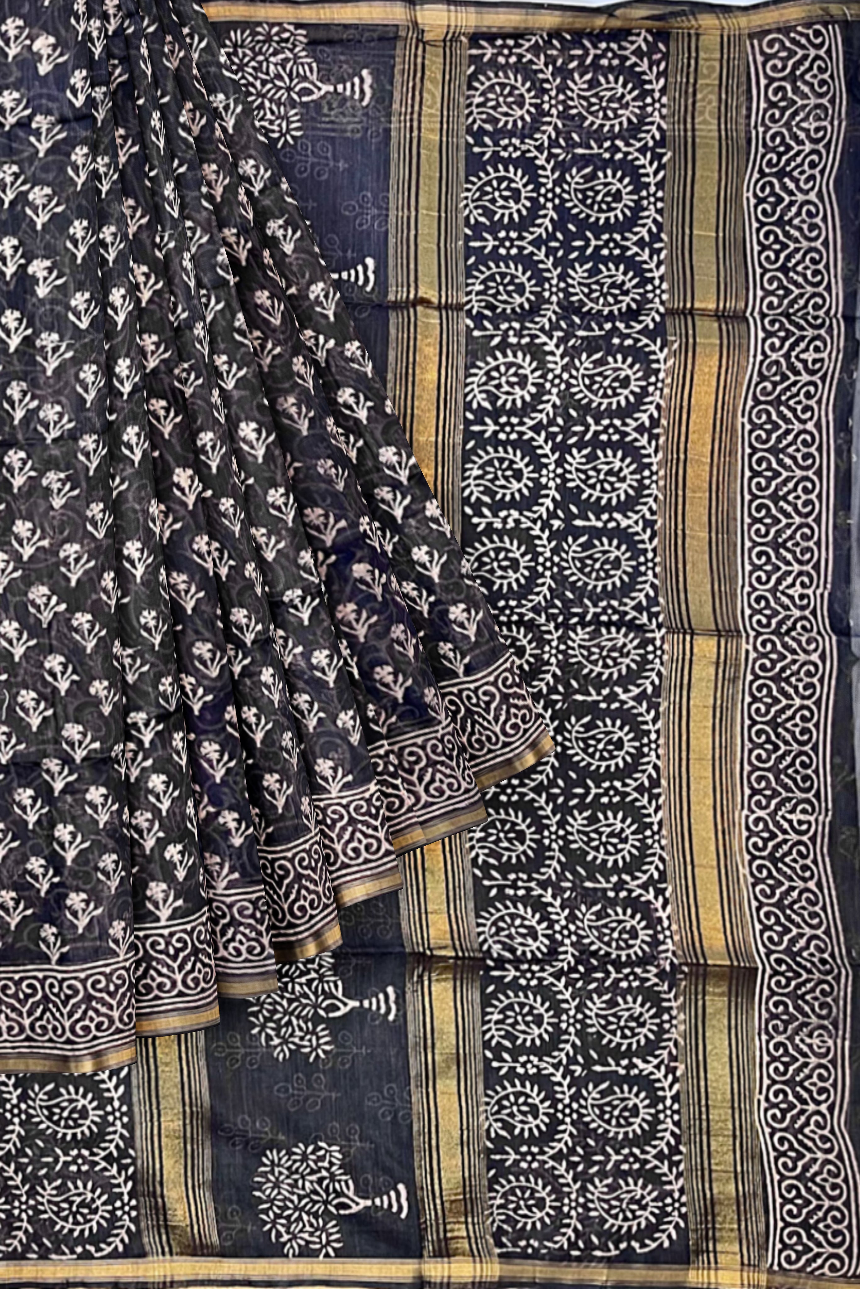Black Chanderi Silk Cotton Saree With Ajrakh Print Pattern