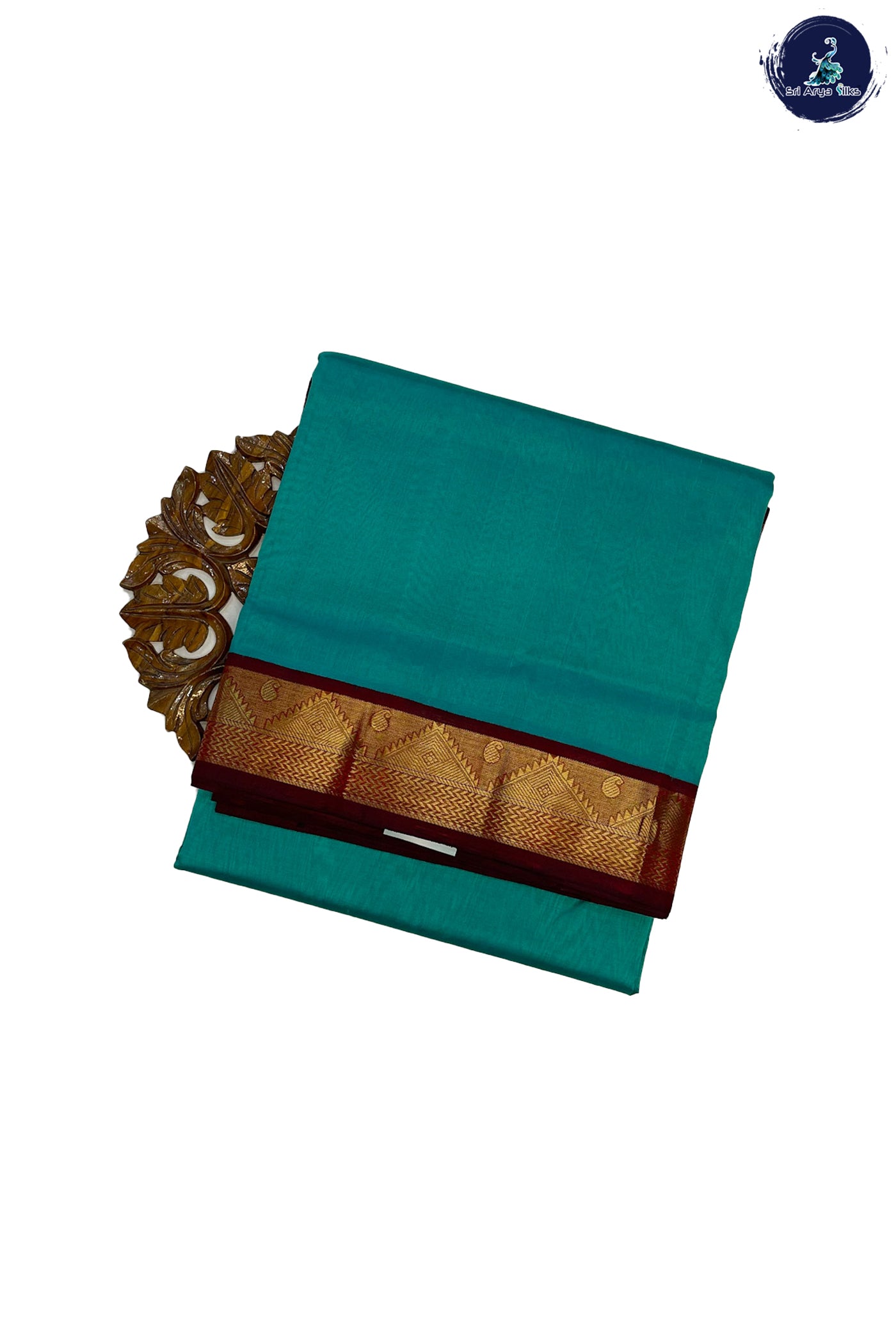 Turquoise Korvai Silk Cotton Saree With Plain Pattern