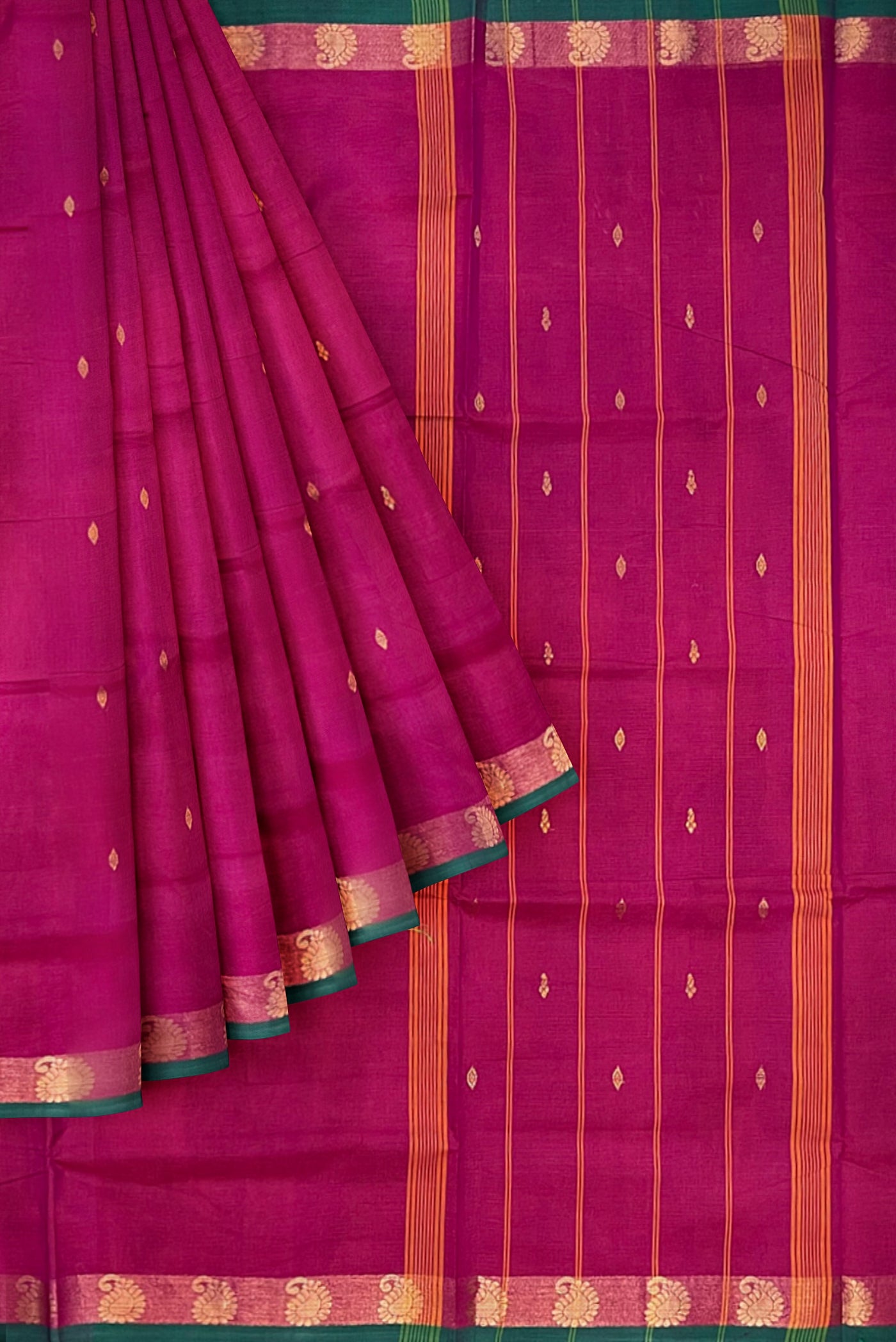 Dark Pink Cotton Saree With Zari Buttas Pattern