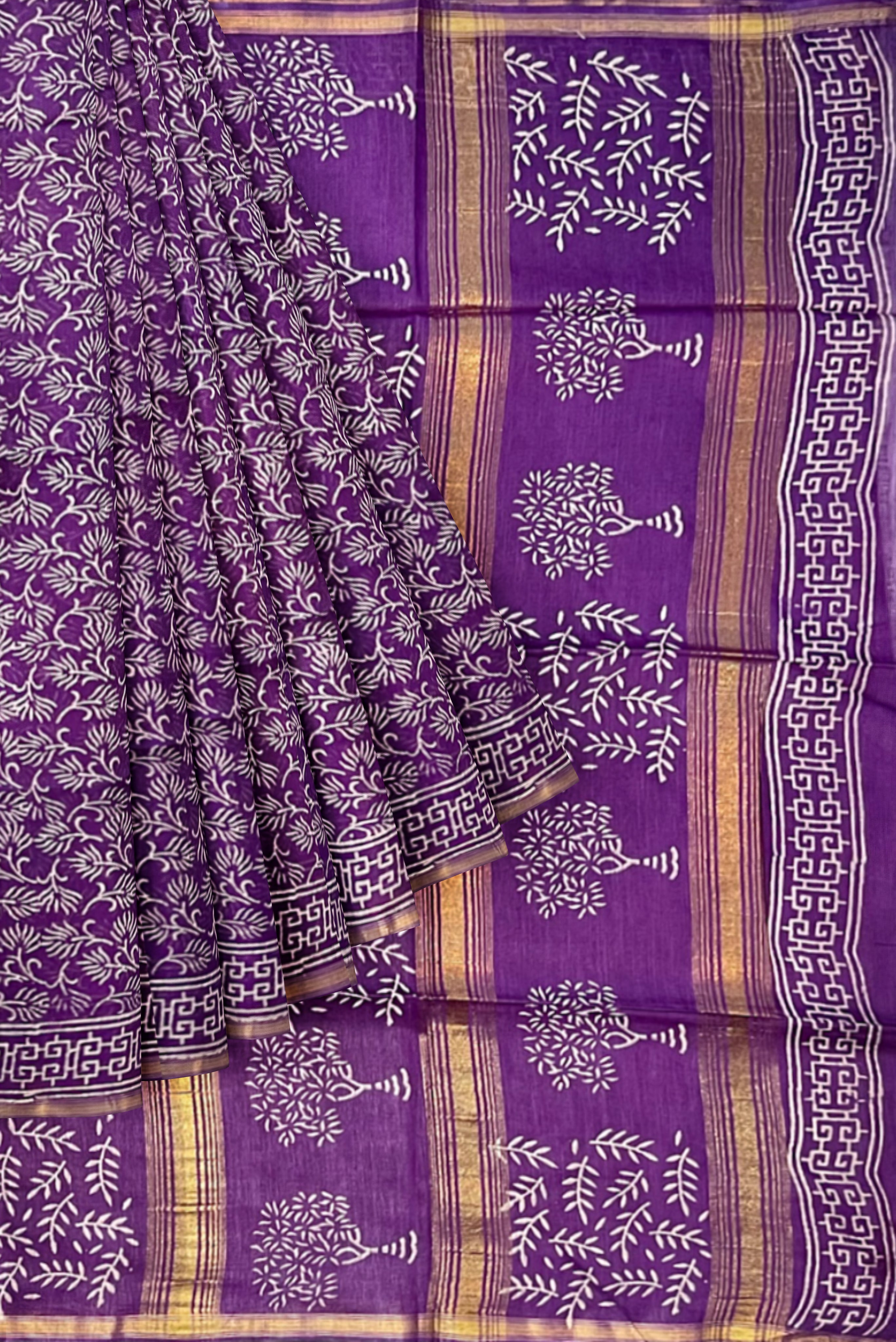 Dark Plum Chanderi Silk Cotton Saree With Ajrakh Print Pattern