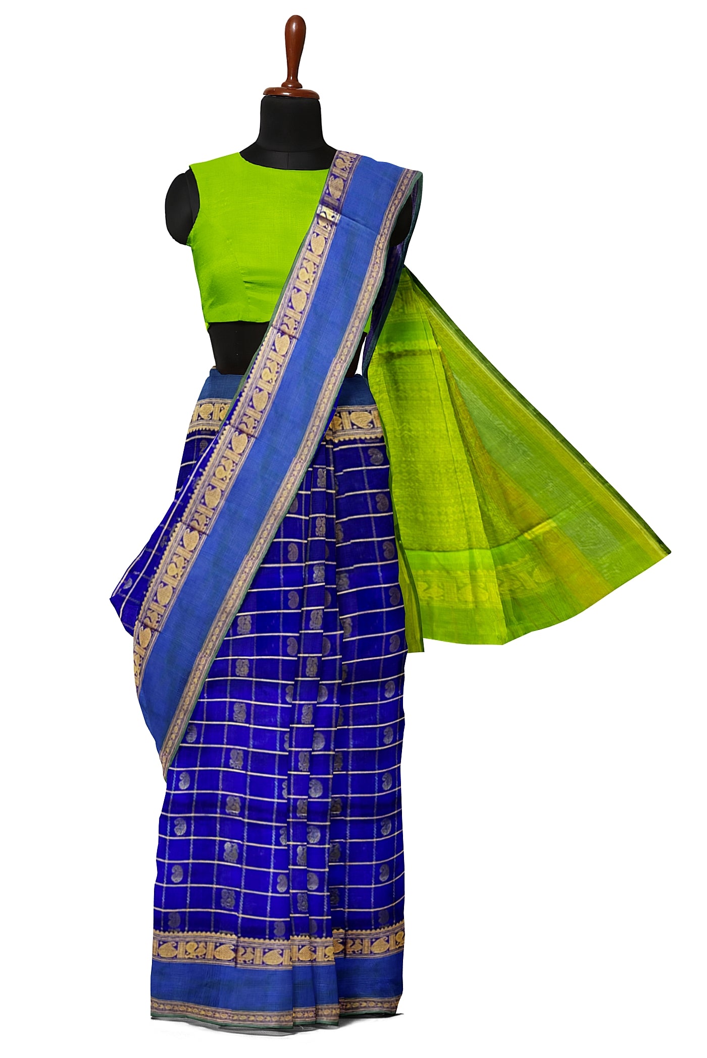 Dark Blue Checked Saree With Zari Buttas Pattern