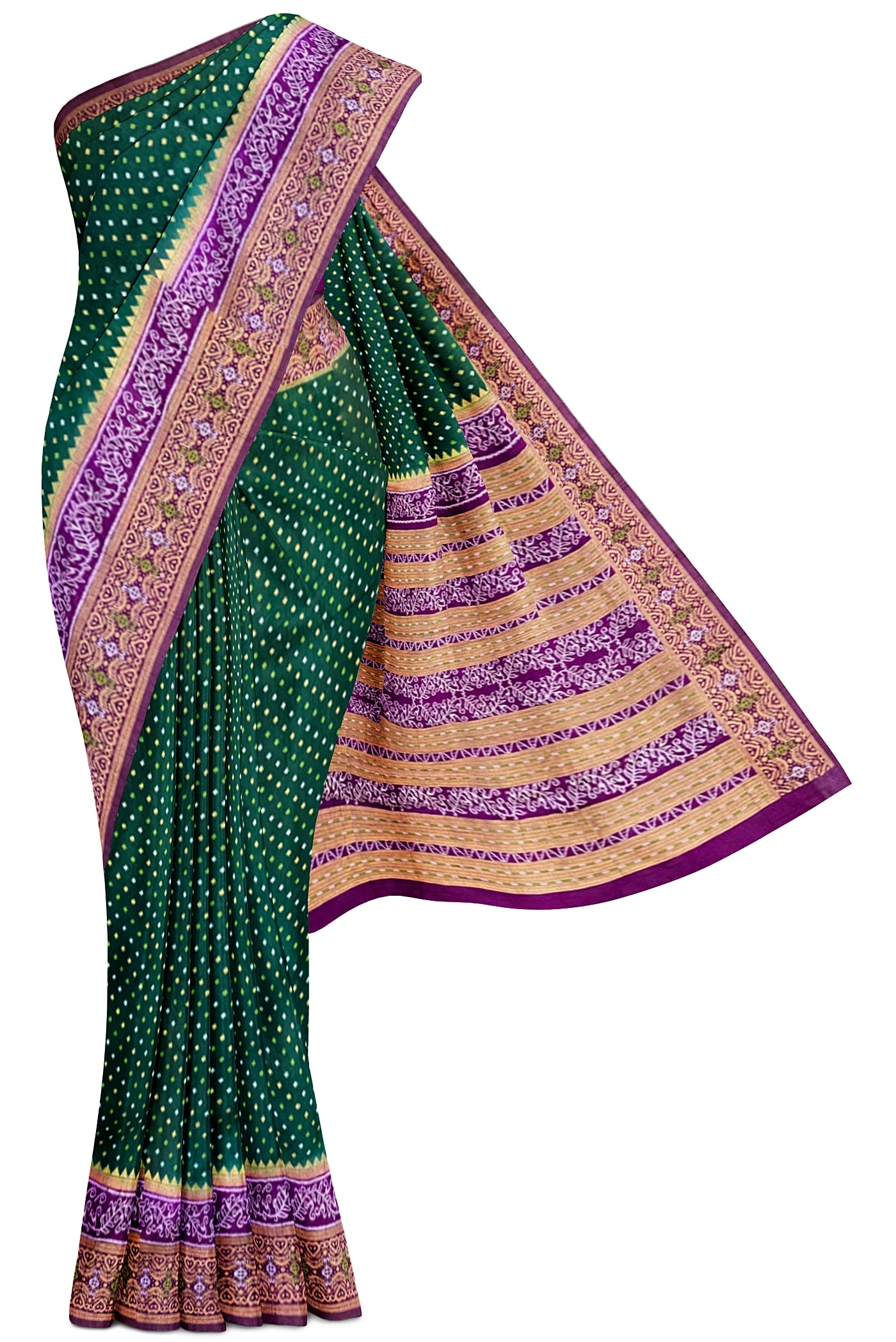 Dark Green Semi Banarasi Saree With Zari Buttas Pattern