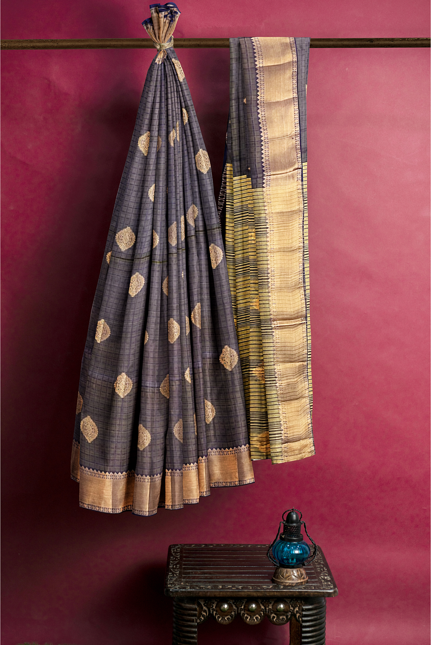 Dual Tone Blue Tussar Saree With Embossed Pattern