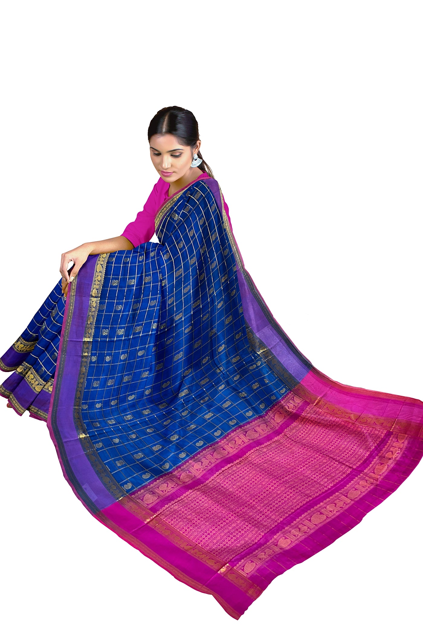 Sapphire Blue Checked Saree With Zari Buttas Pattern