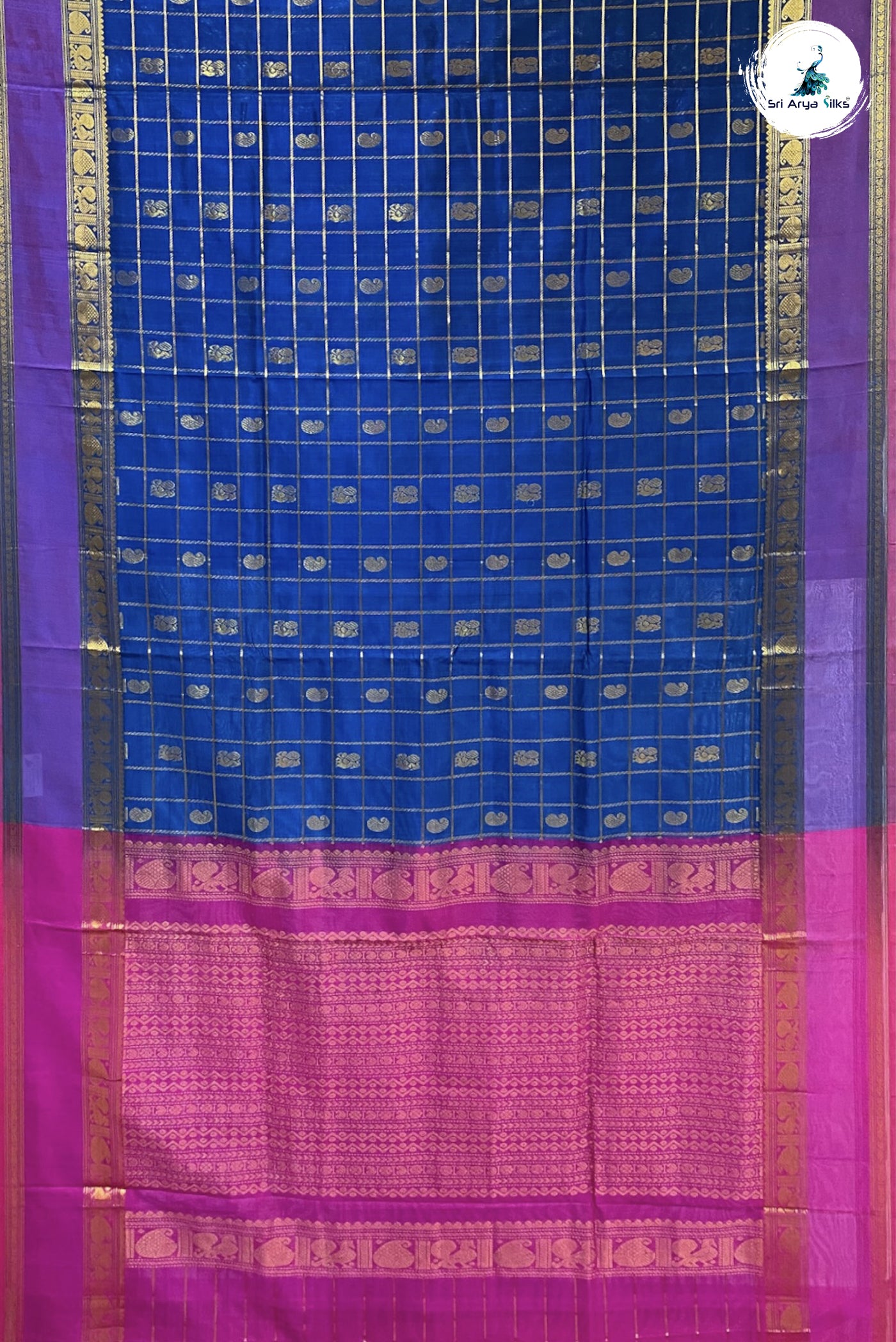 Sapphire Blue Checked Saree With Zari Buttas Pattern