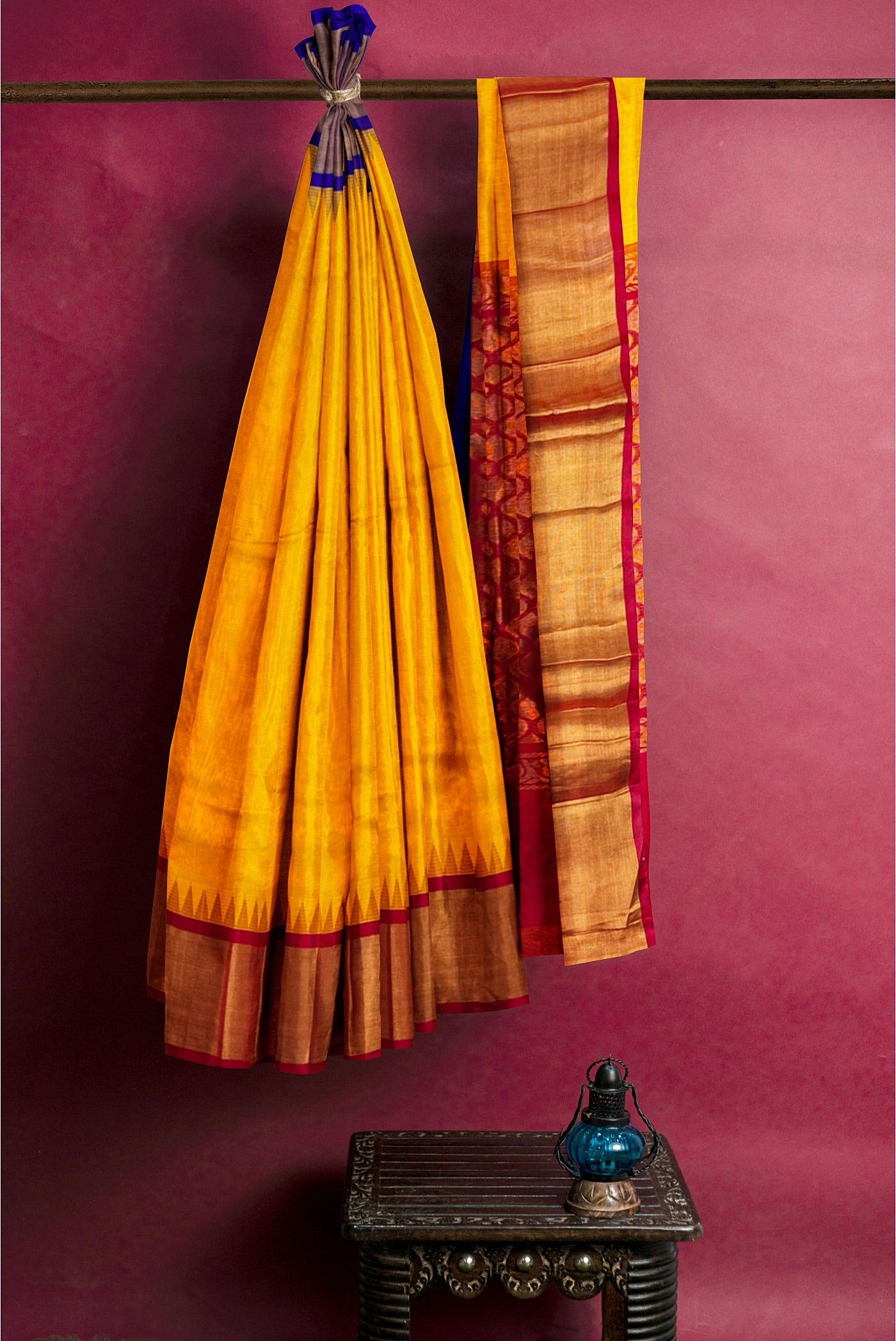 Mango Yellow Korvai Silk Cotton Saree With Plain Pattern