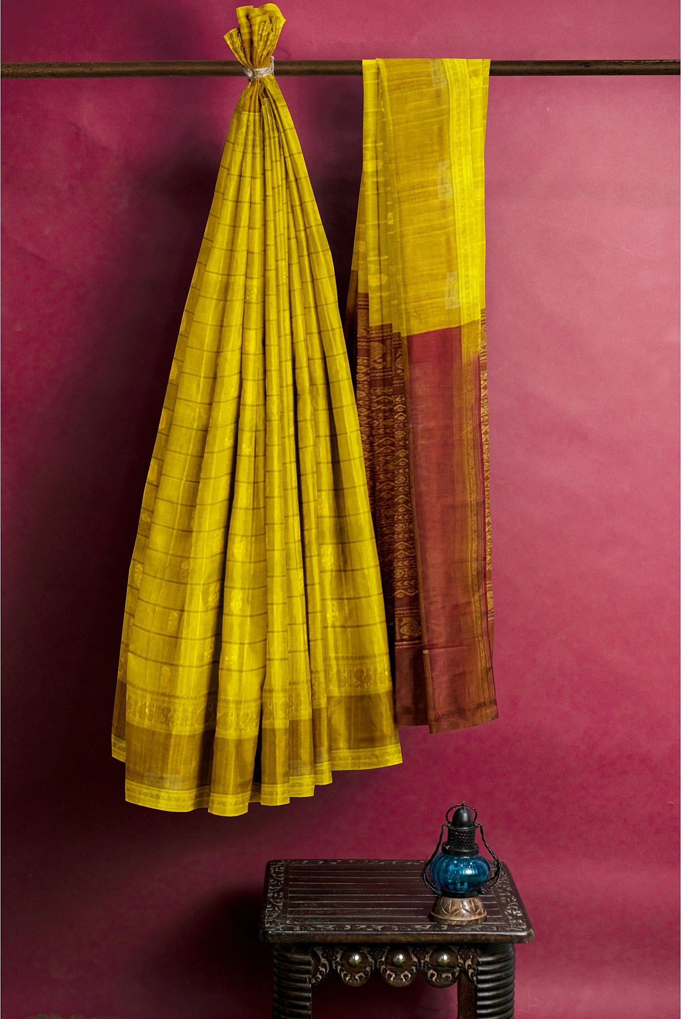 Mustard Yellow Checked Saree With Zari Buttas Pattern