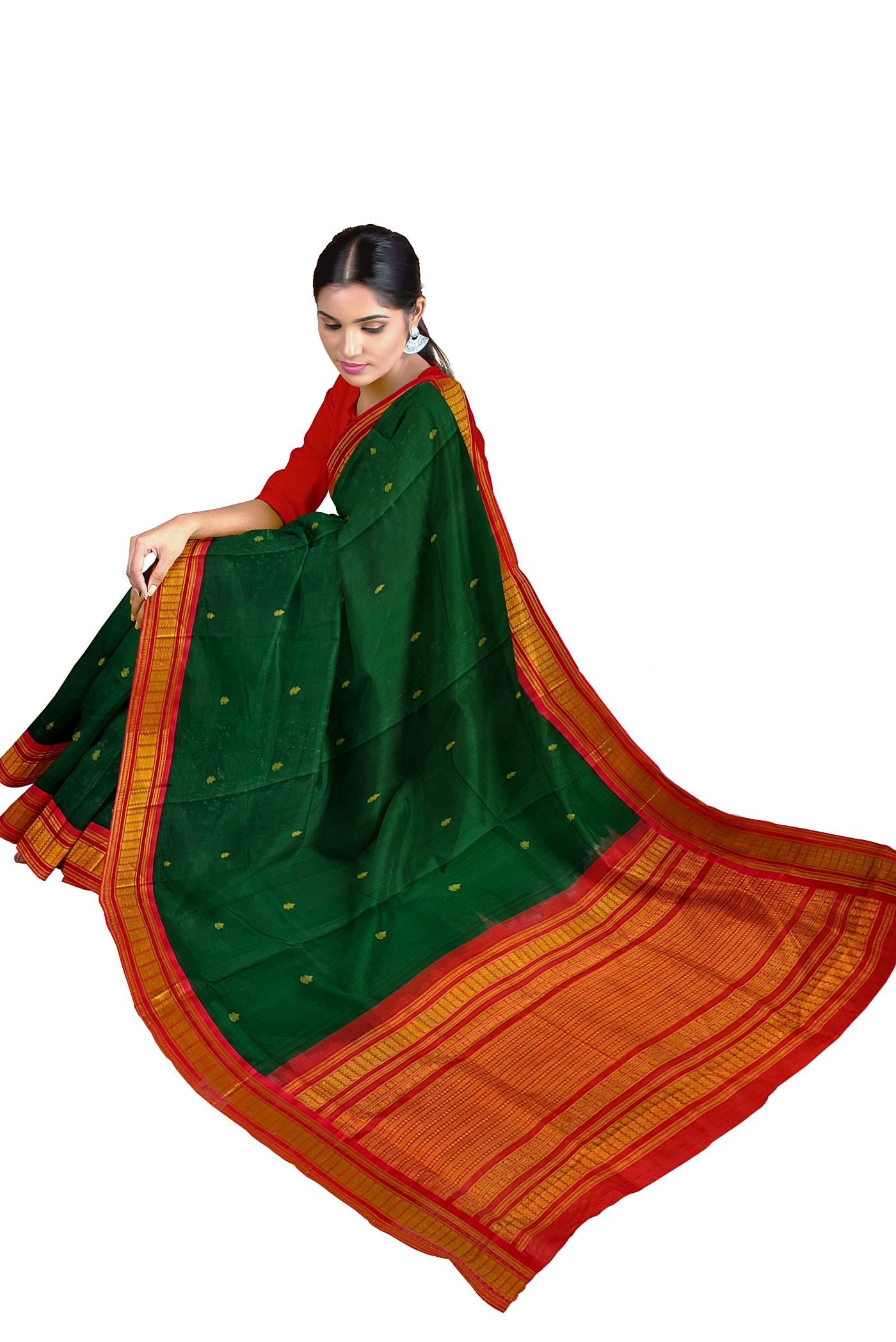 Bottle Green Korvai Silk Cotton Saree With Zari Buttas Pattern