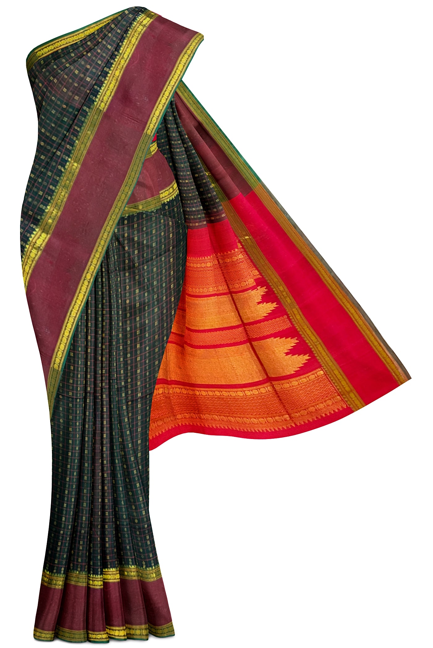 Bottle Green Silk Cotton Saree With Meenakari Work Pattern