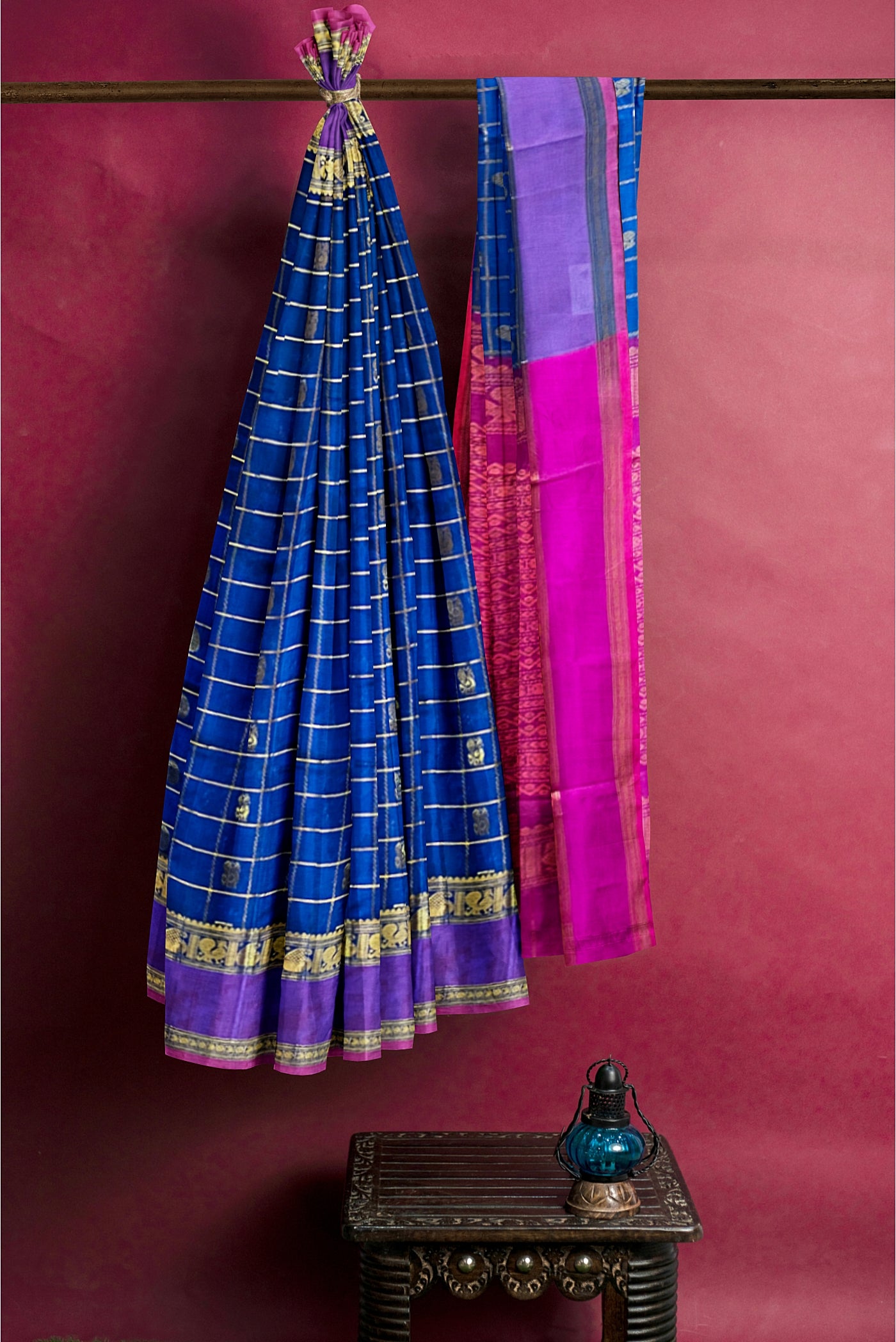 Sapphire Blue Checked Saree With Zari Buttas Pattern