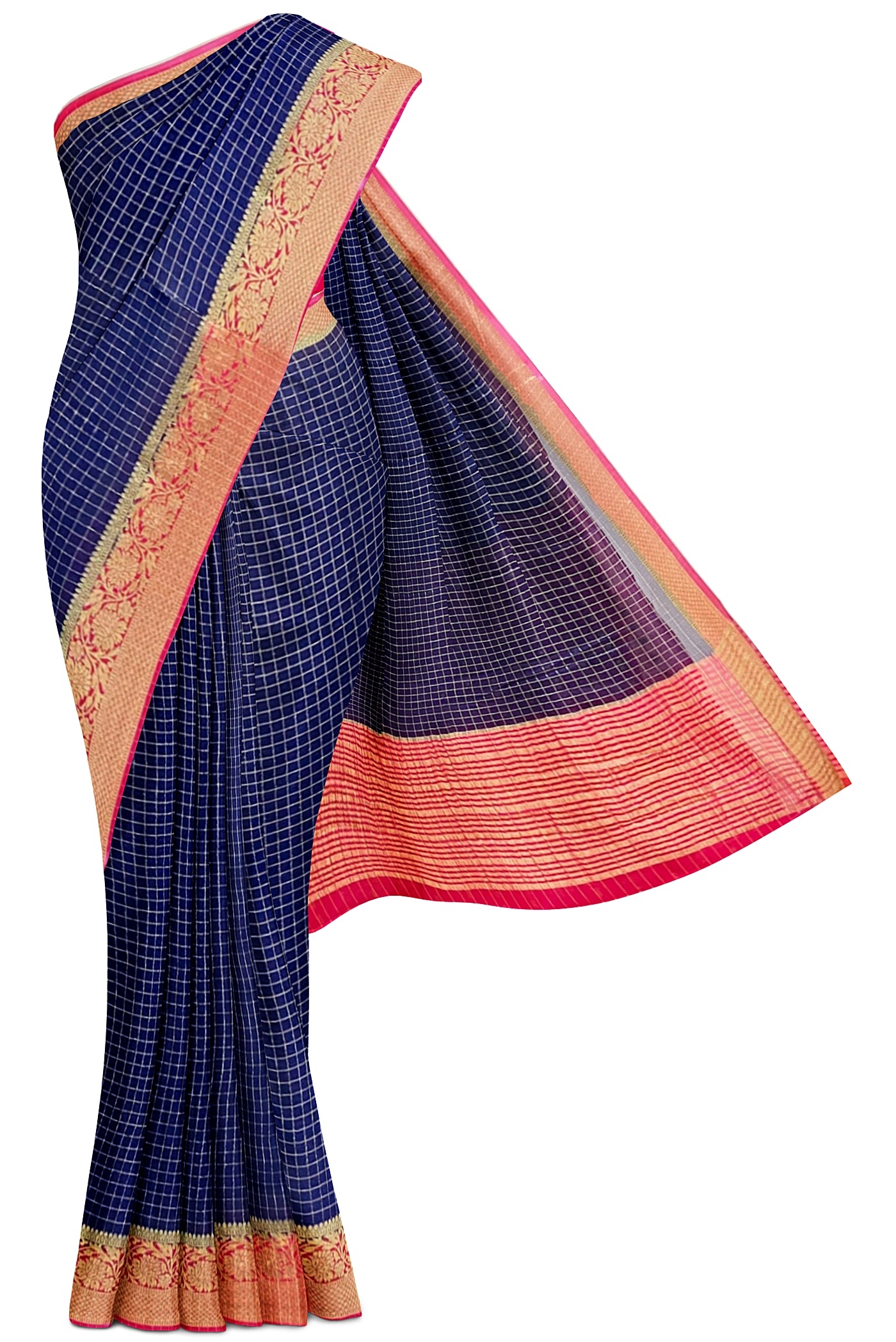 Dark Blue Georgette Banarasi Saree With Zari Checked Pattern