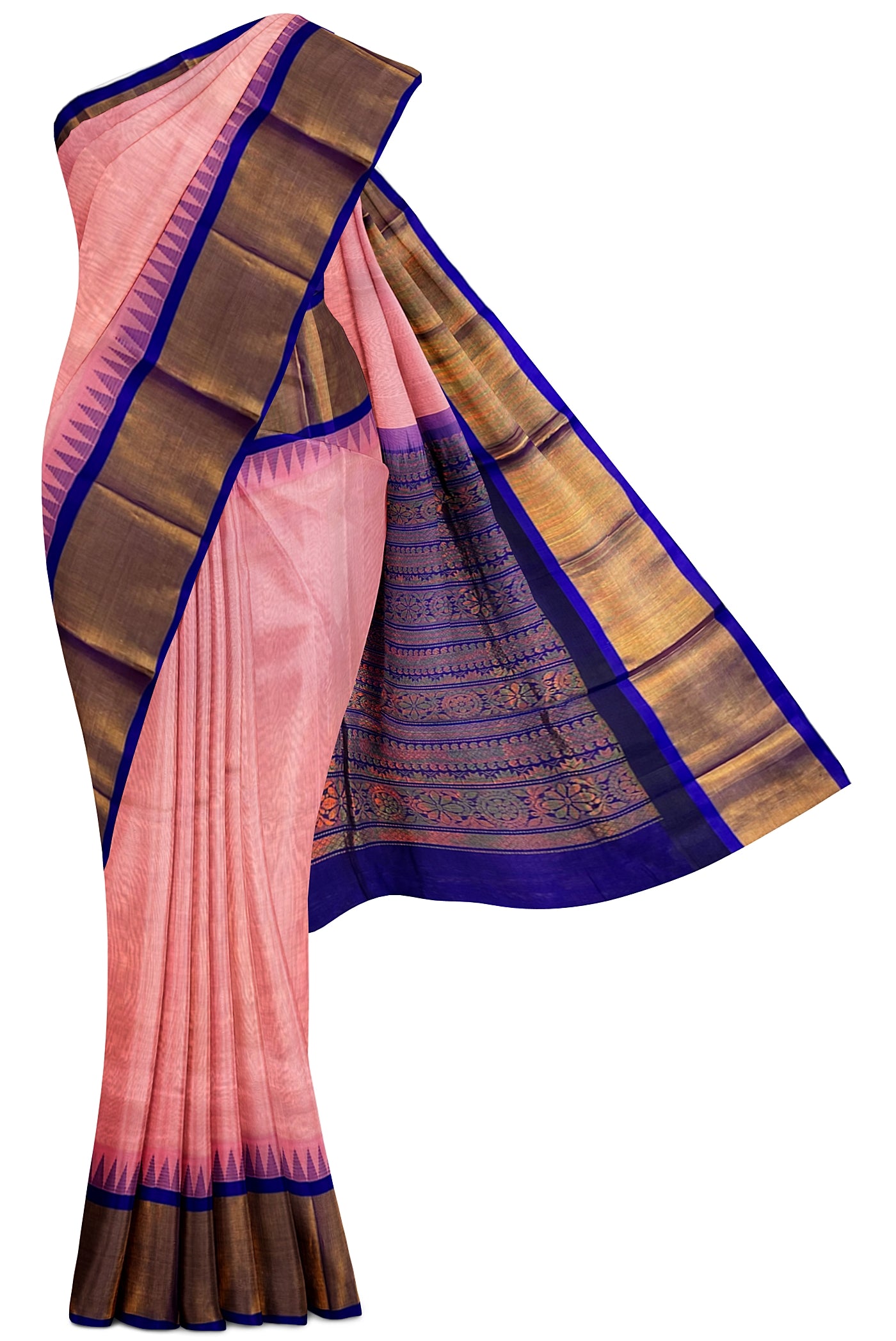 Blush Pink Korvai Silk Cotton Saree With Plain Pattern