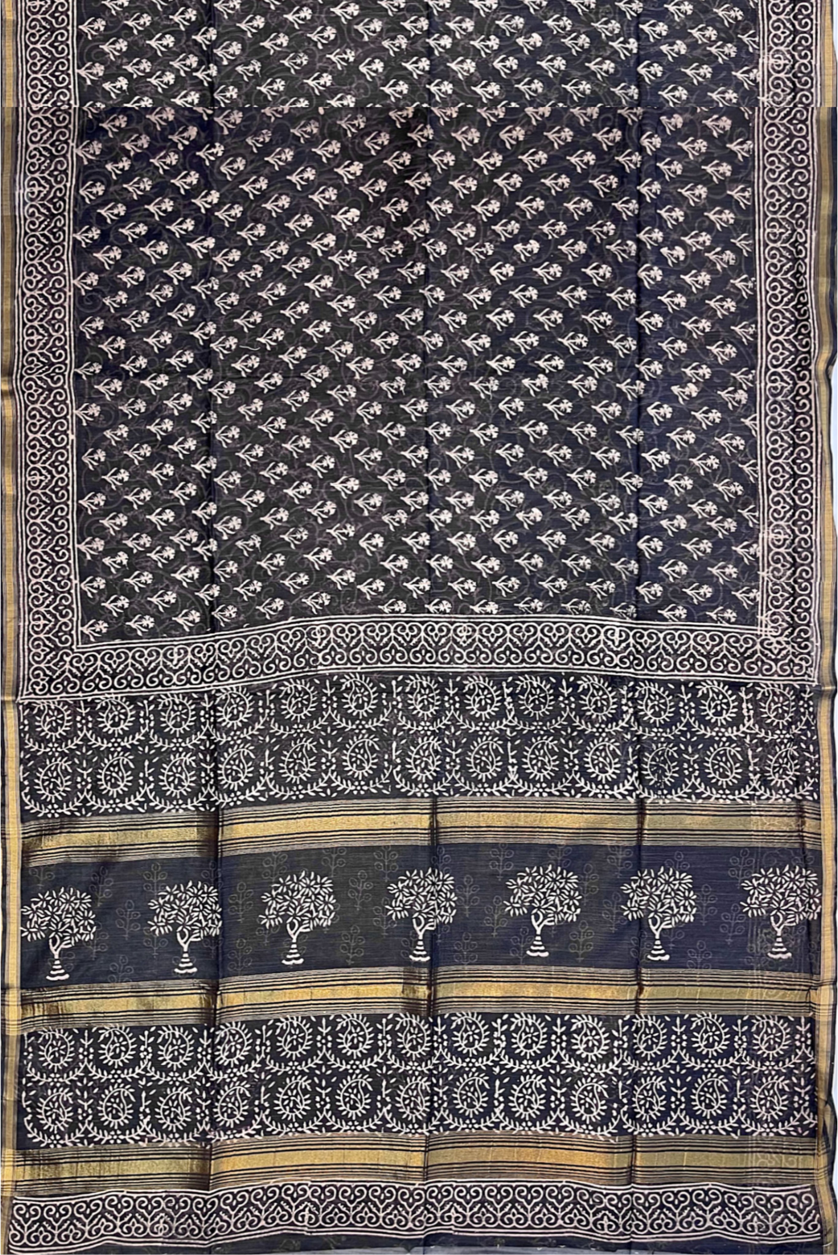 Black Chanderi Silk Cotton Saree With Ajrakh Print Pattern