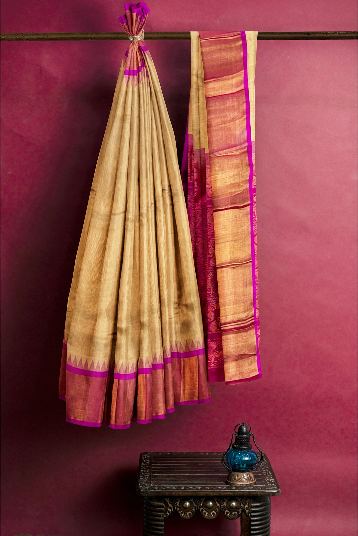 Beige Korvai Silk Cotton Saree With Plain Pattern