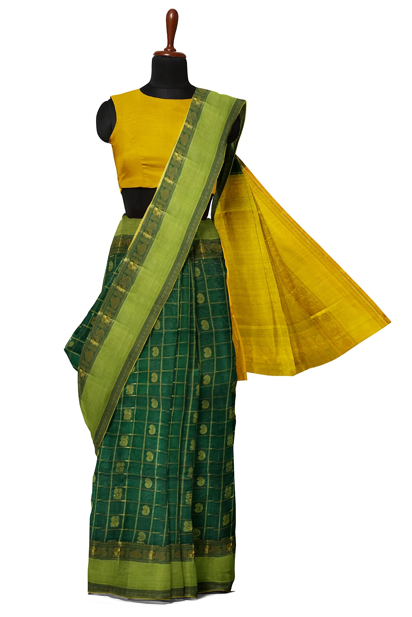 Bottle Green Checked Saree With Zari Buttas Pattern