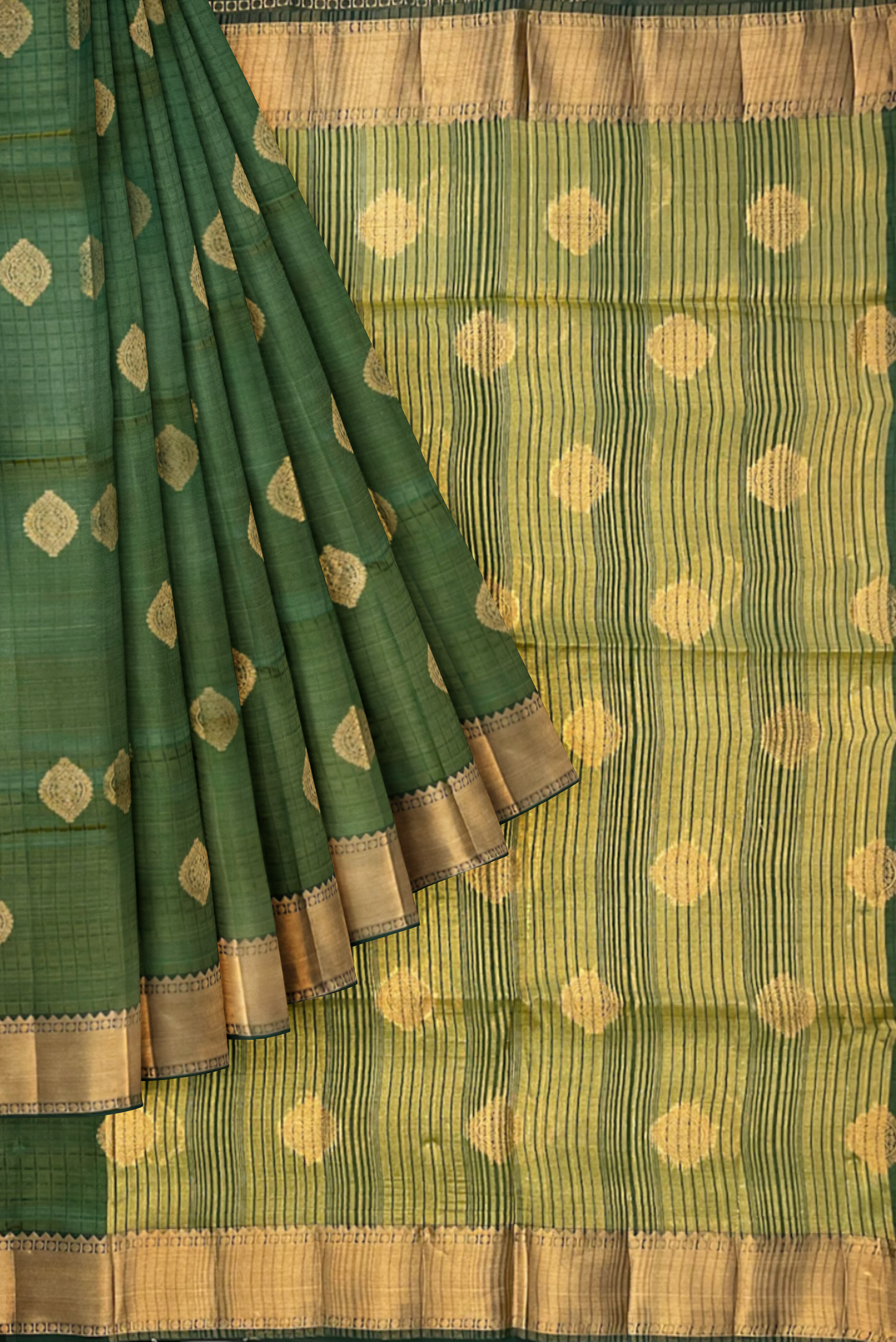 Dark Green Tussar Saree With Embossed Pattern