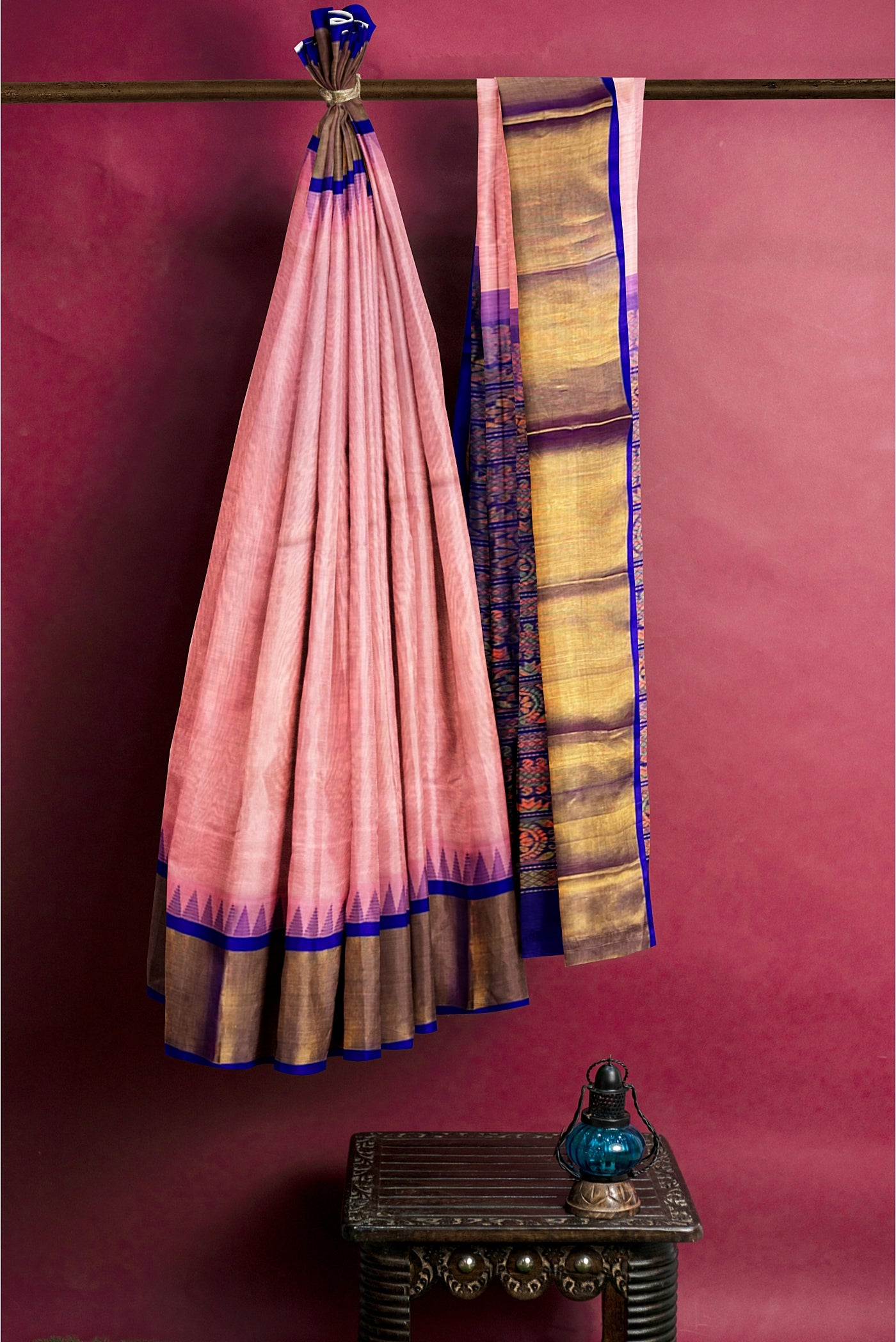 Blush Pink Korvai Silk Cotton Saree With Plain Pattern
