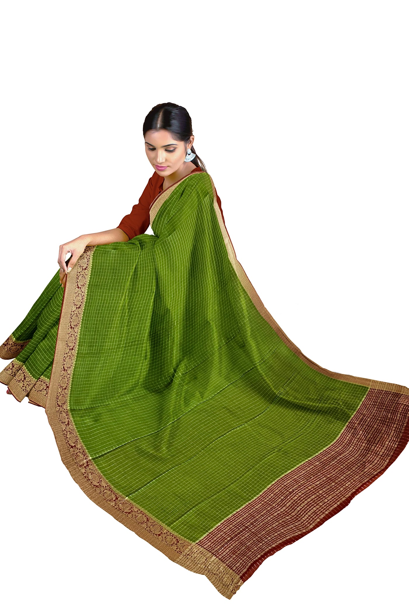 Mehendi Green Georgette Banarasi Saree With Zari Checked Pattern