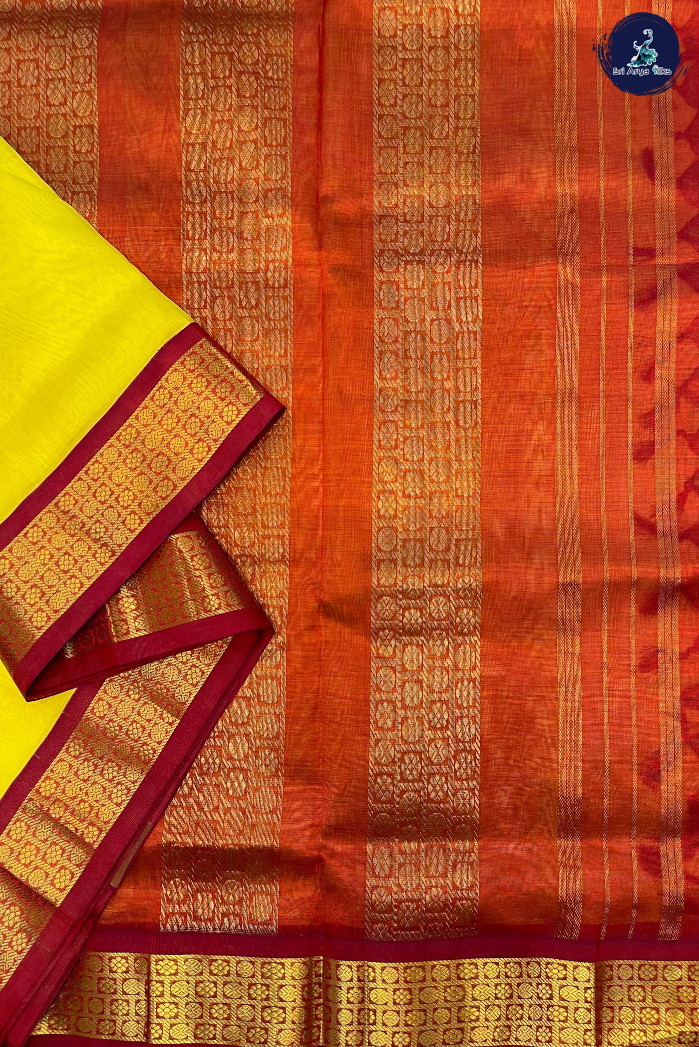 Lemon Yellow Korvai Silk Cotton Saree With Plain Pattern