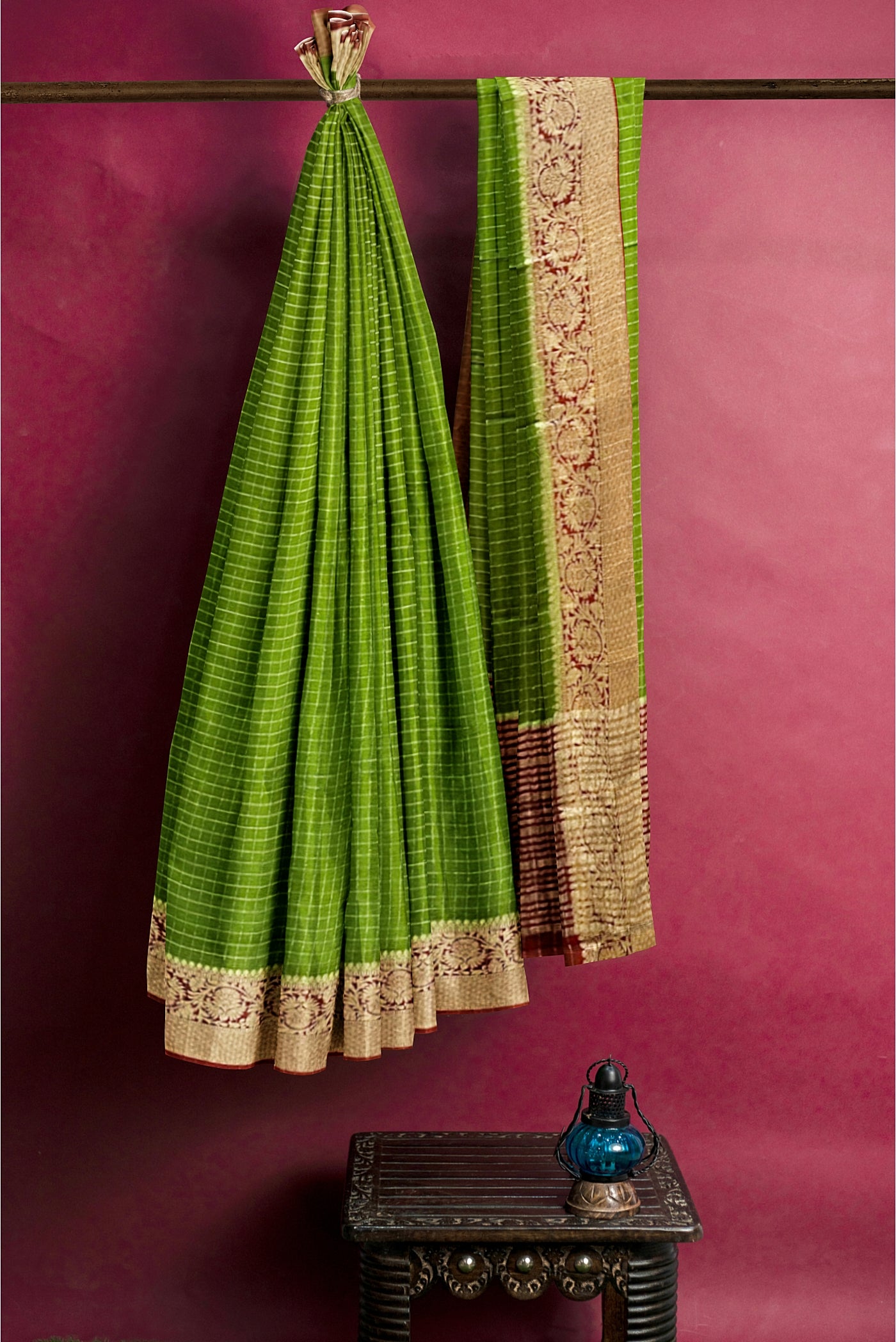 Mehendi Green Georgette Banarasi Saree With Zari Checked Pattern