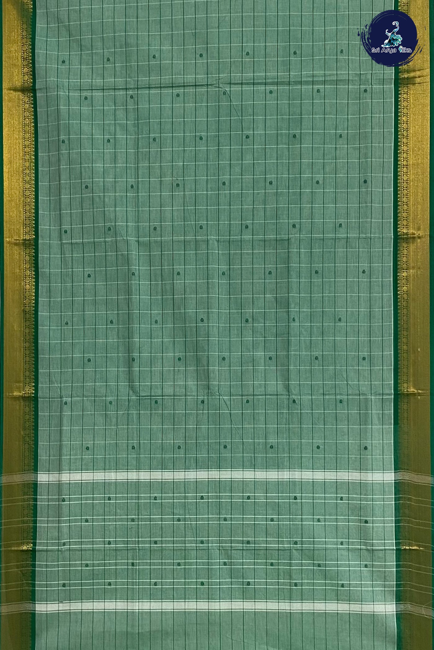 Green Cotton Saree With Checked Pattern