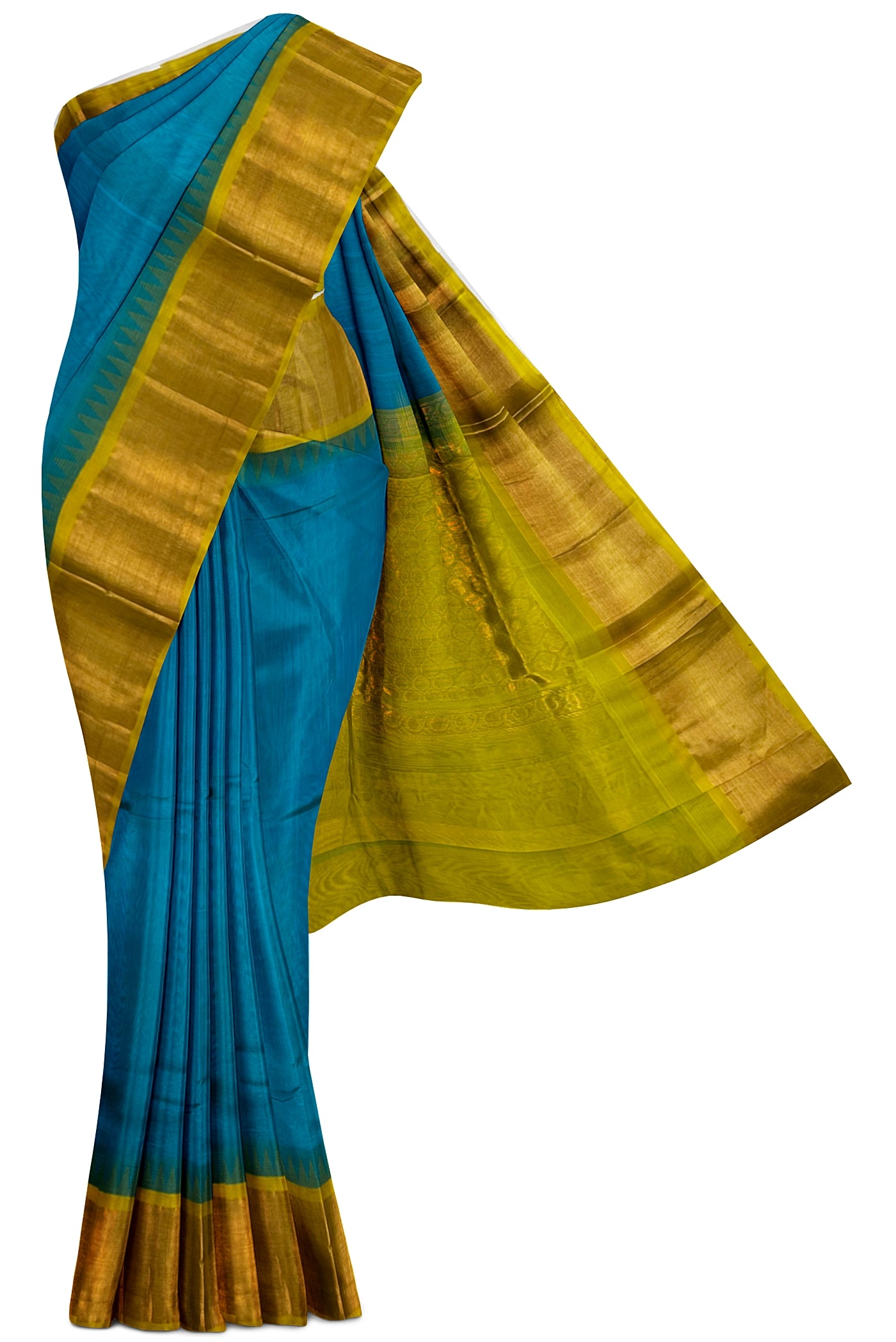 Turquoise Korvai Silk Cotton Saree With Plain Pattern