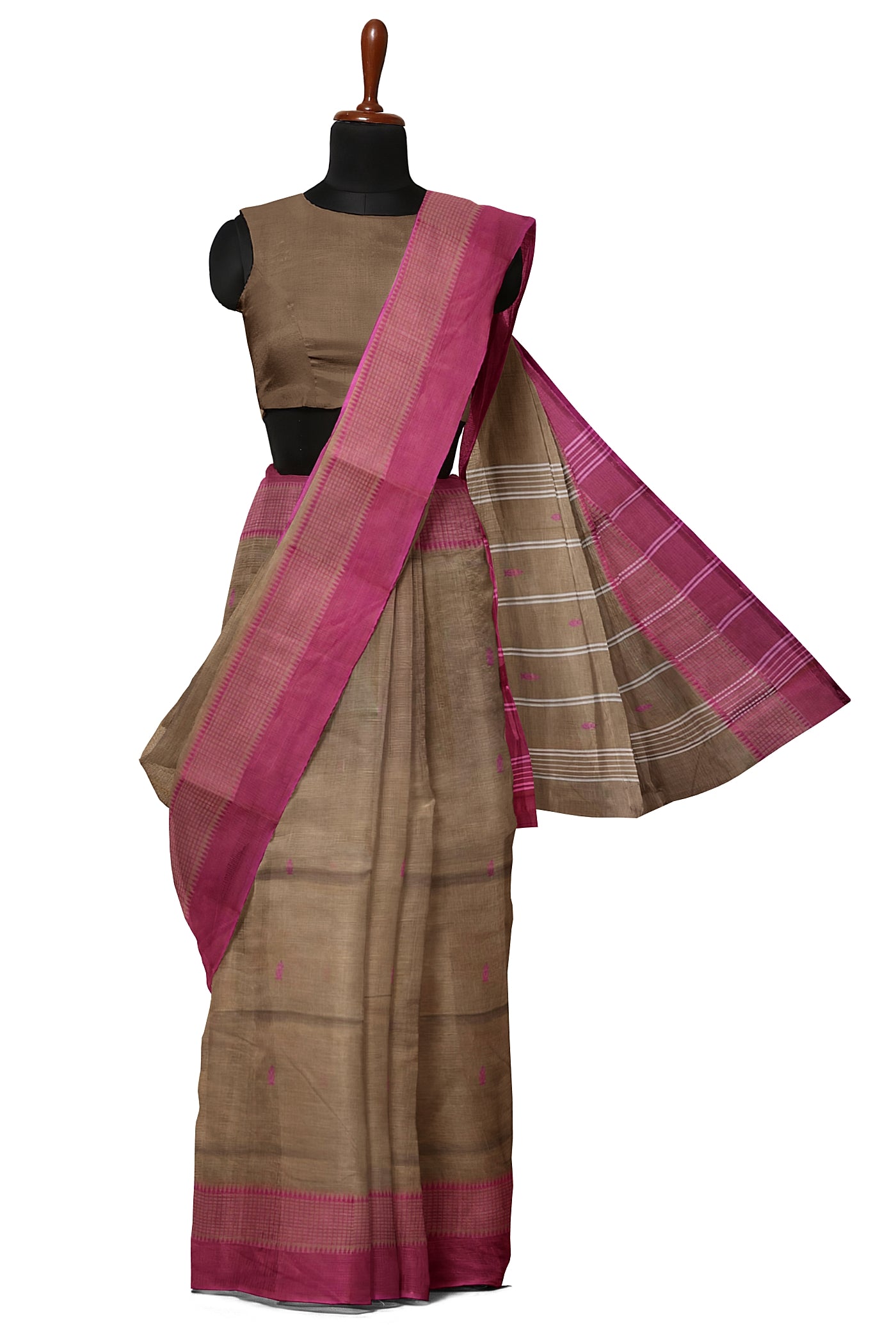Light Brown Cotton Saree With Buttas Pattern