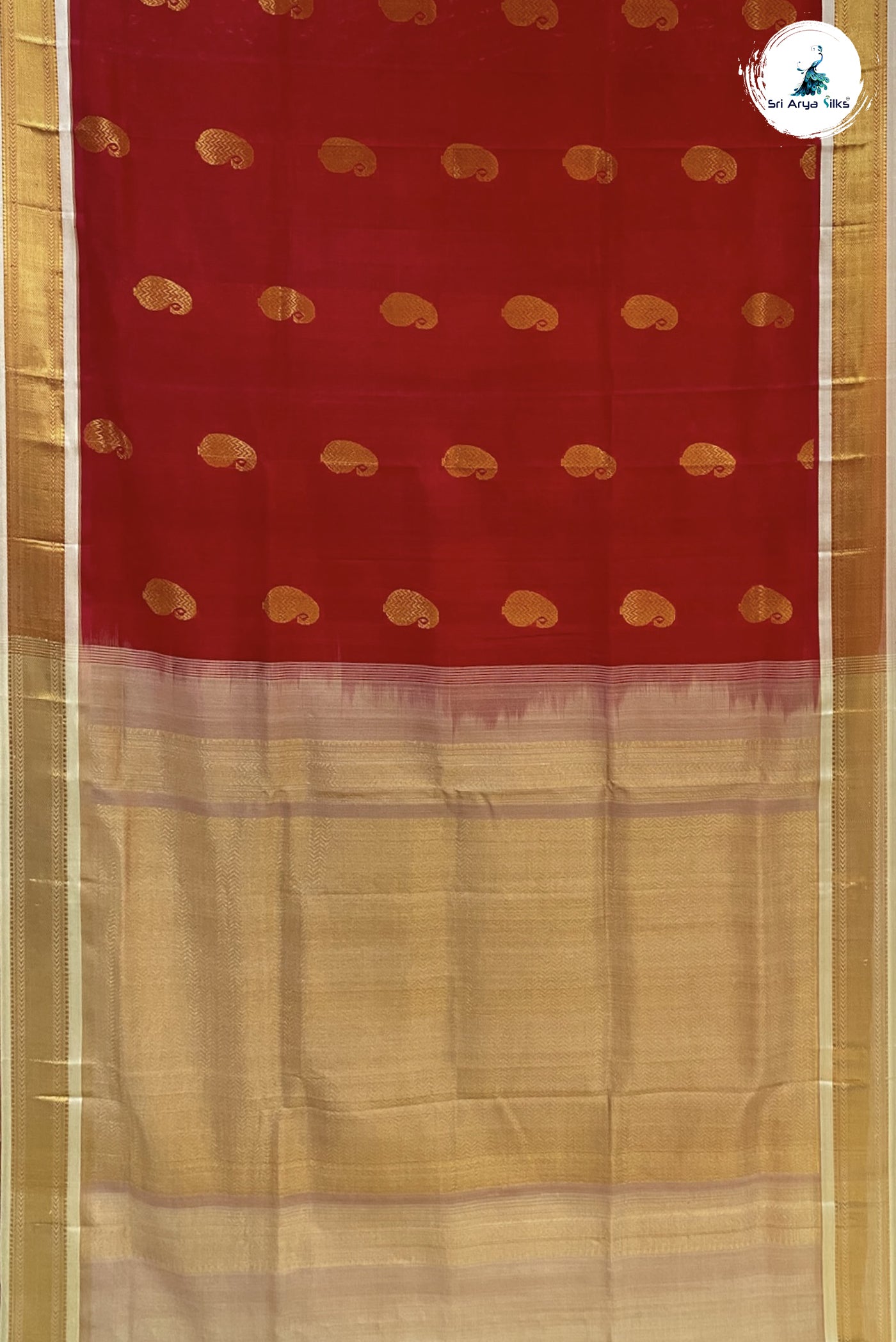 Bright Red Silk Cotton Saree With Zari Buttas Pattern