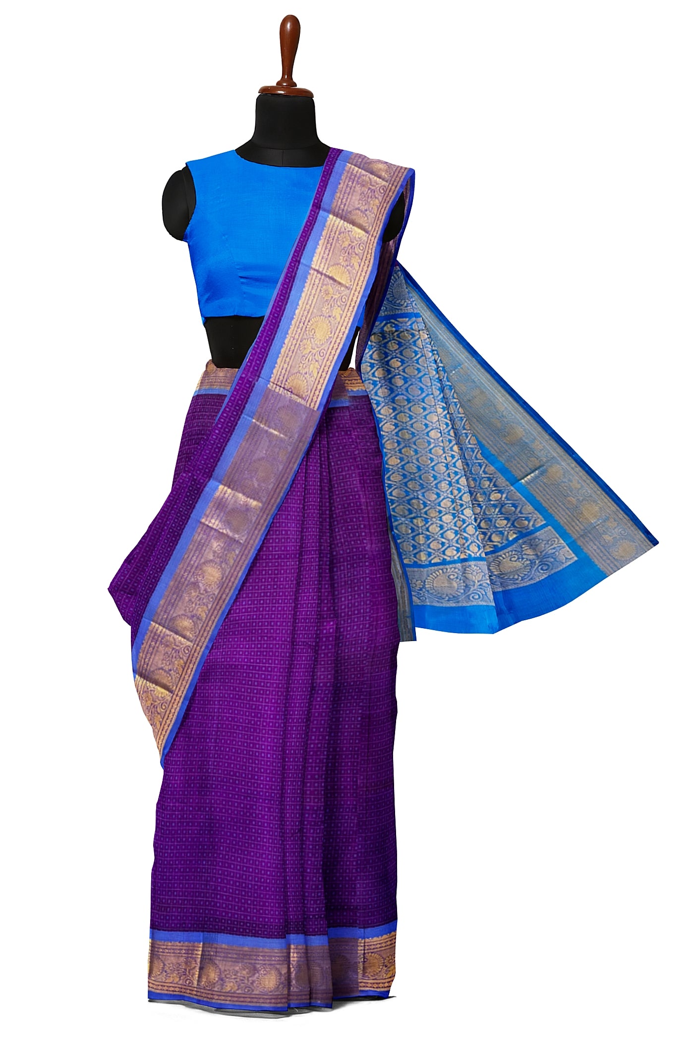 Sea Blue Silk Cotton Saree With Stripes Pattern