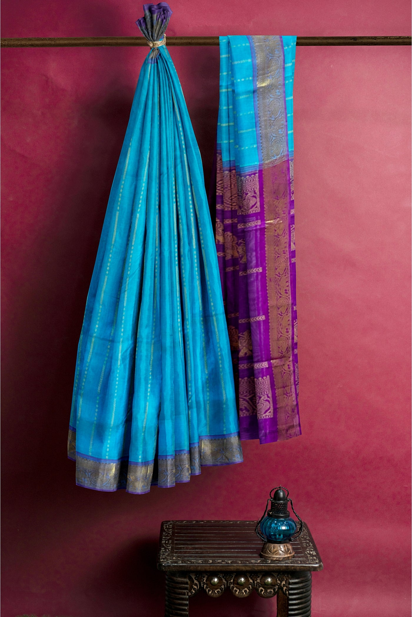 Sea Blue Silk Cotton Saree With Stripes Pattern