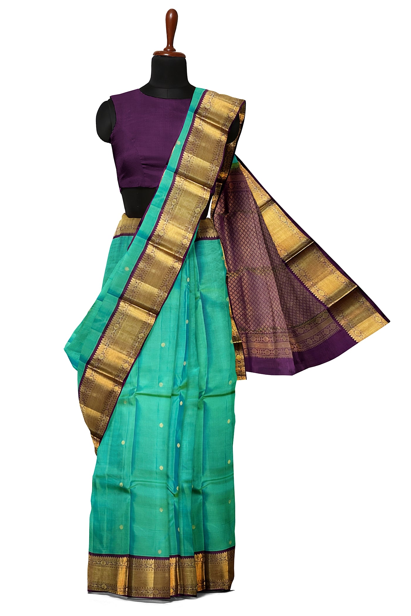 Turquoise Korvai Contrast Silk Saree With Buttas Pattern