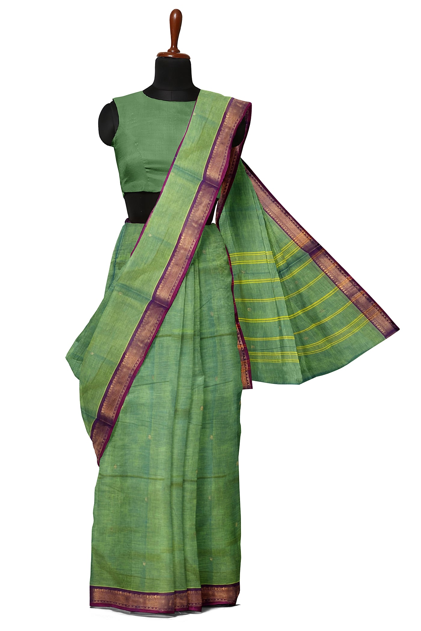 Pastel Green Cotton Saree With Zari Buttas Pattern
