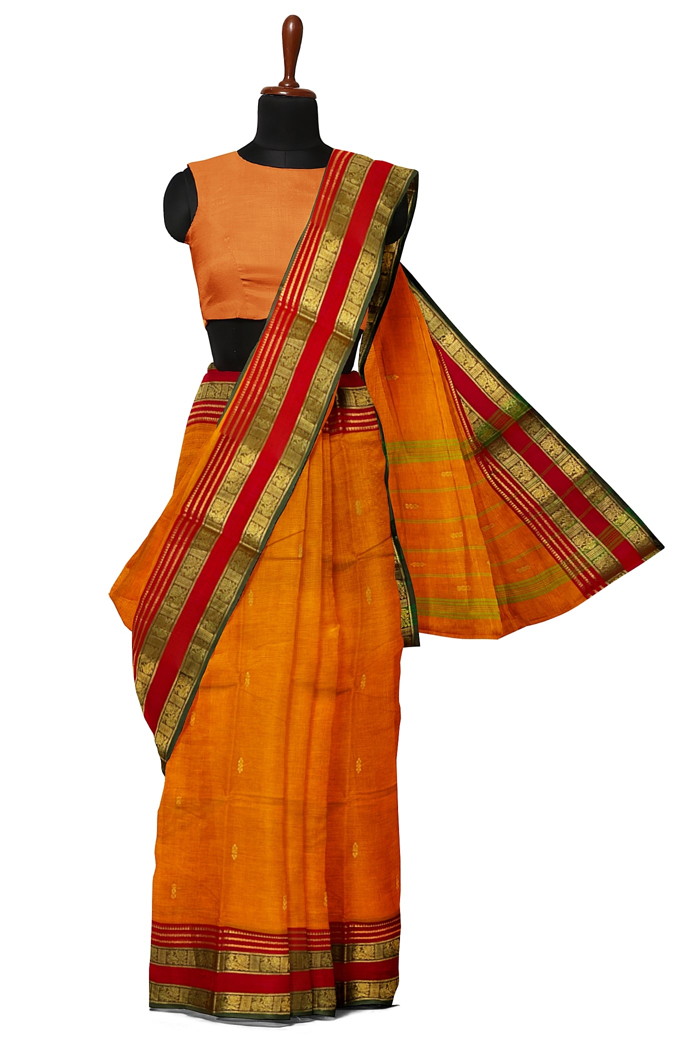 Lite Mustard Orange Cotton Saree With Zari Buttas Pattern