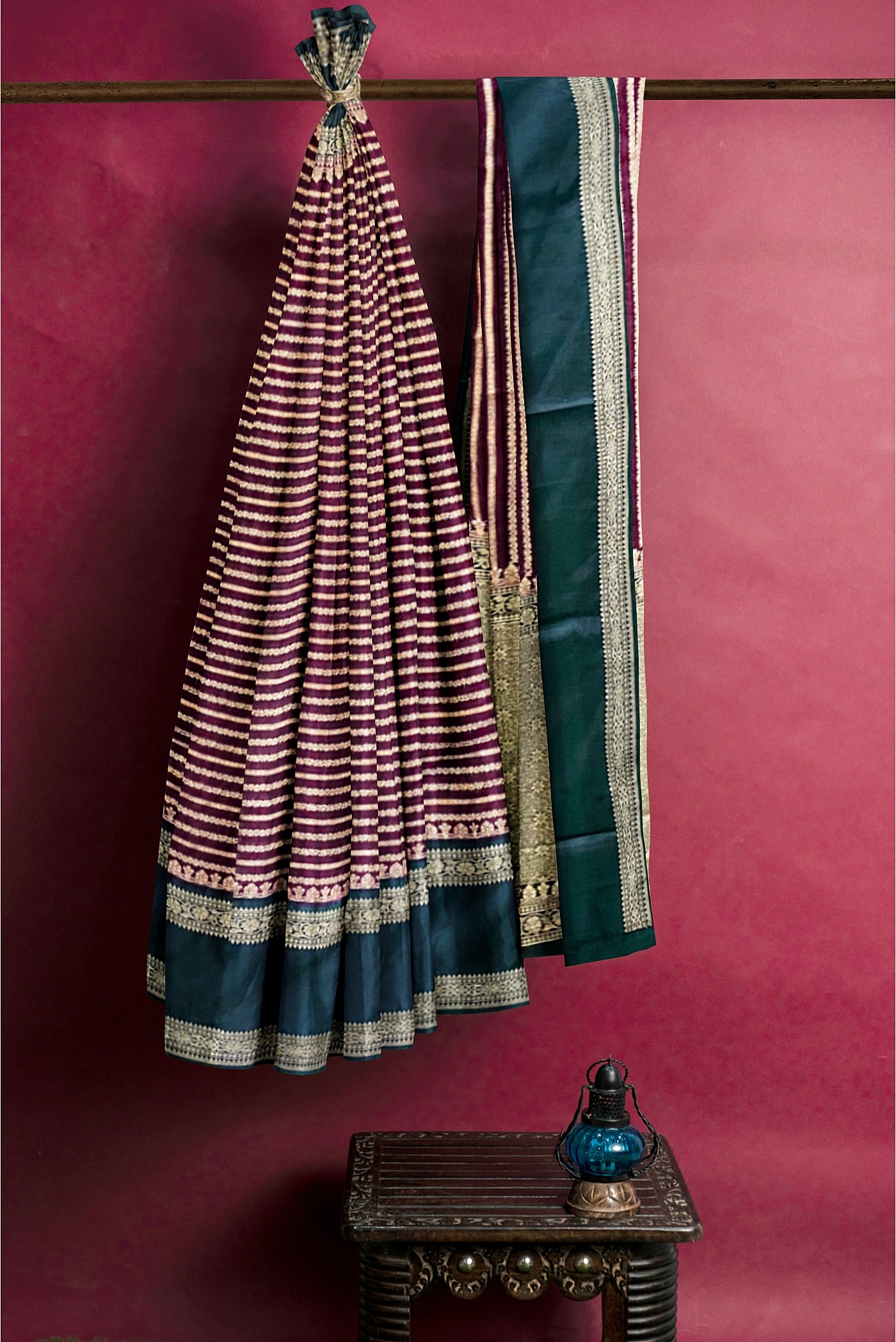 Grape Wine Semi Banarasi Saree With Zari Checked Pattern
