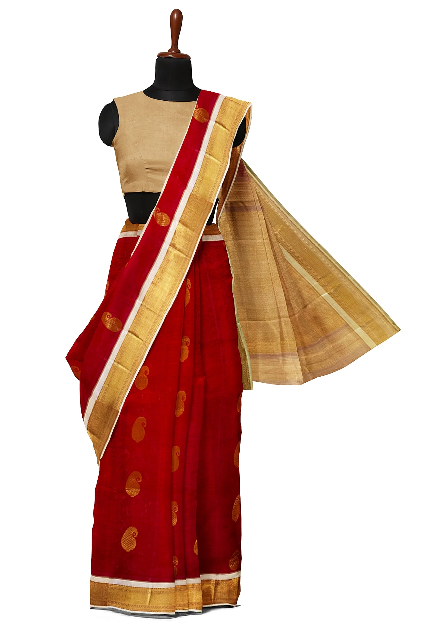 Bright Red Silk Cotton Saree With Zari Buttas Pattern