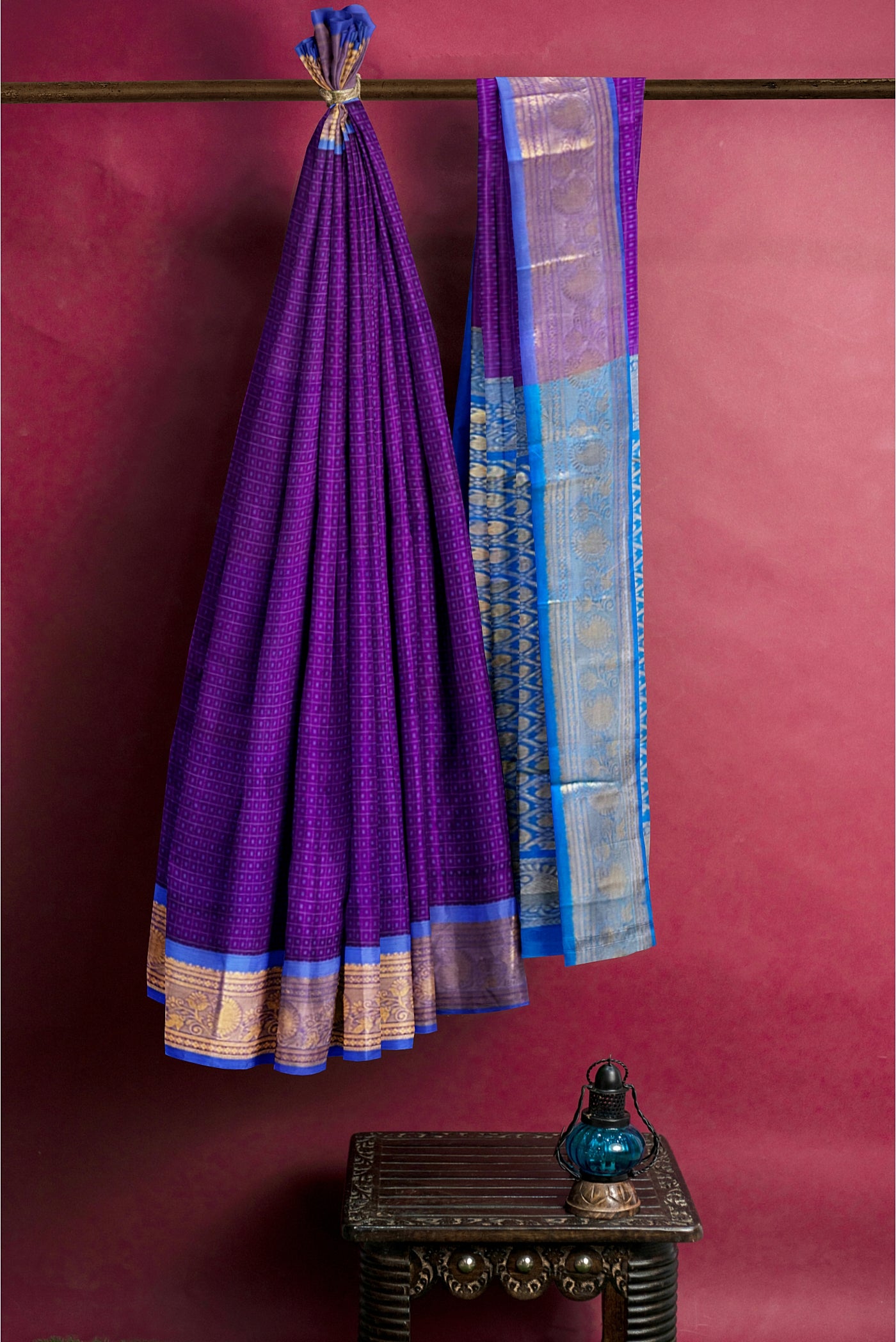 Sea Blue Silk Cotton Saree With Stripes Pattern