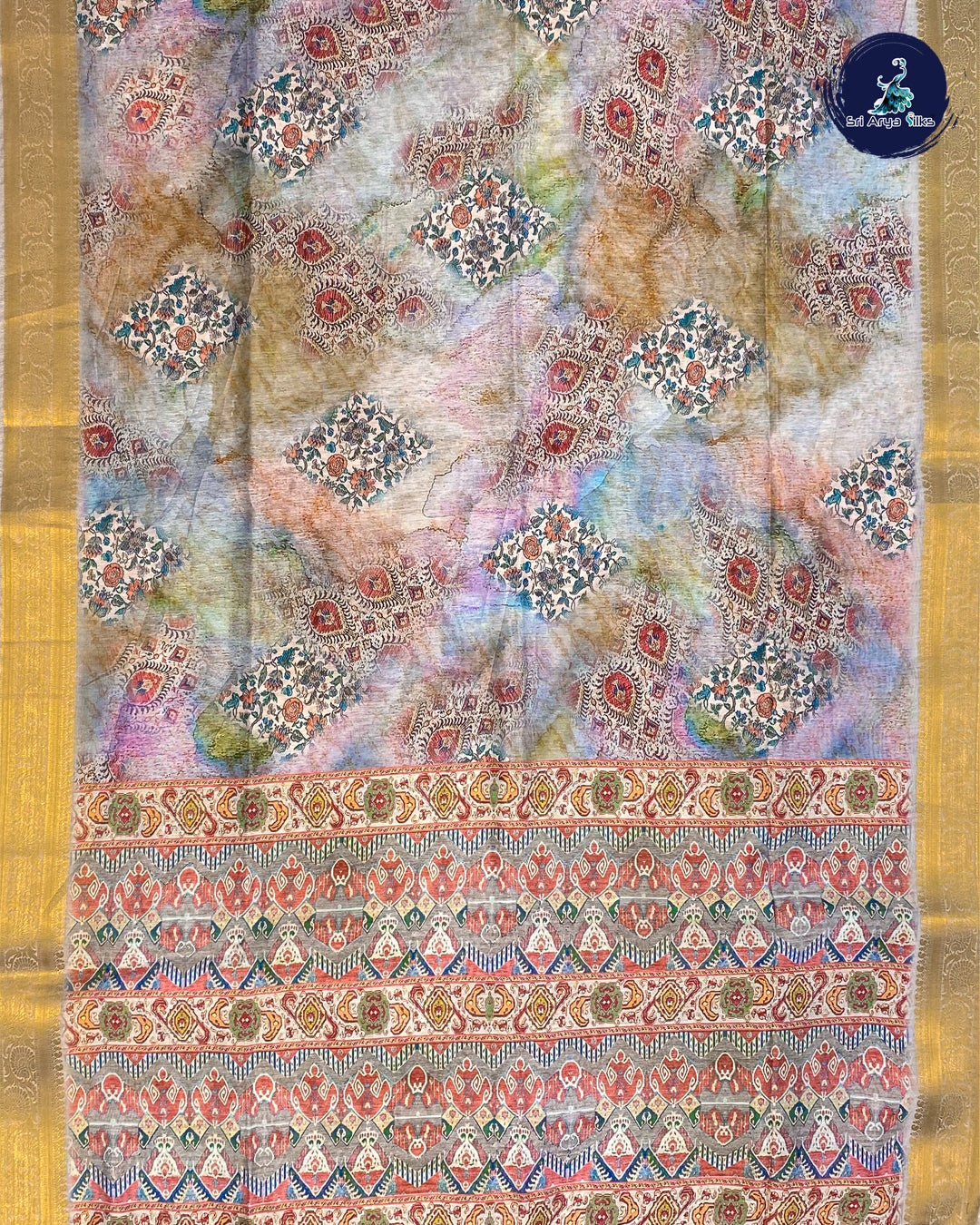 Cream and Multi Semi Jute Saree