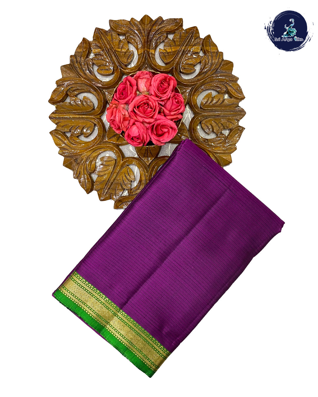 Dark Brinjal Korvai Contrast Silk Saree With Green Blouse & Buttas Pattern