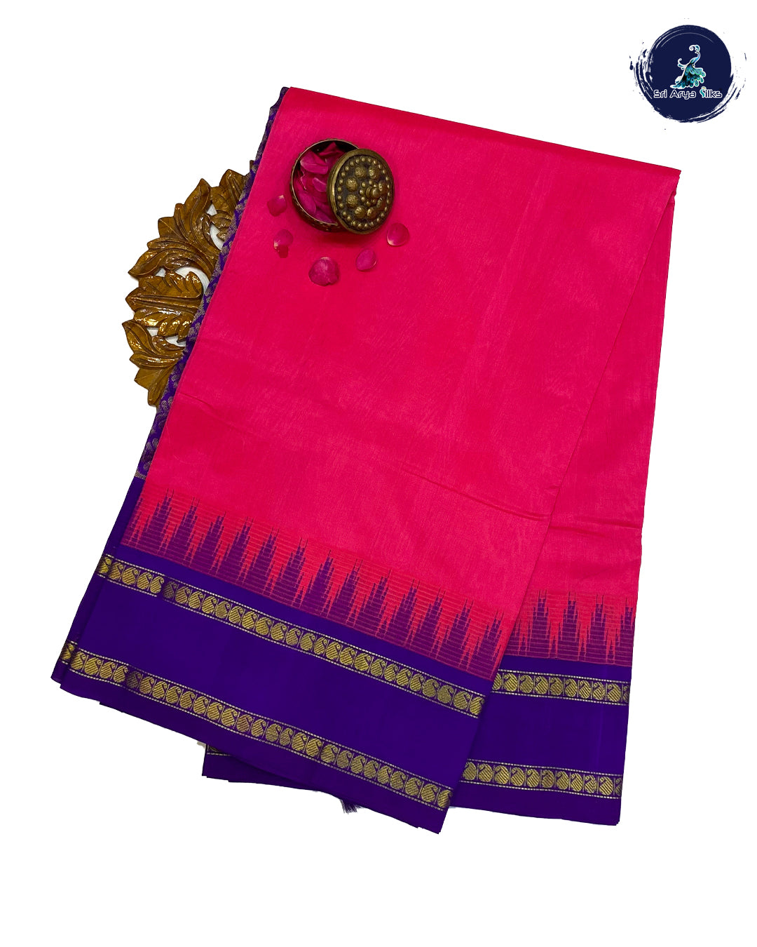 Bright Pink & Violet Kanchipuram Korvai Silk Cotton Saree.