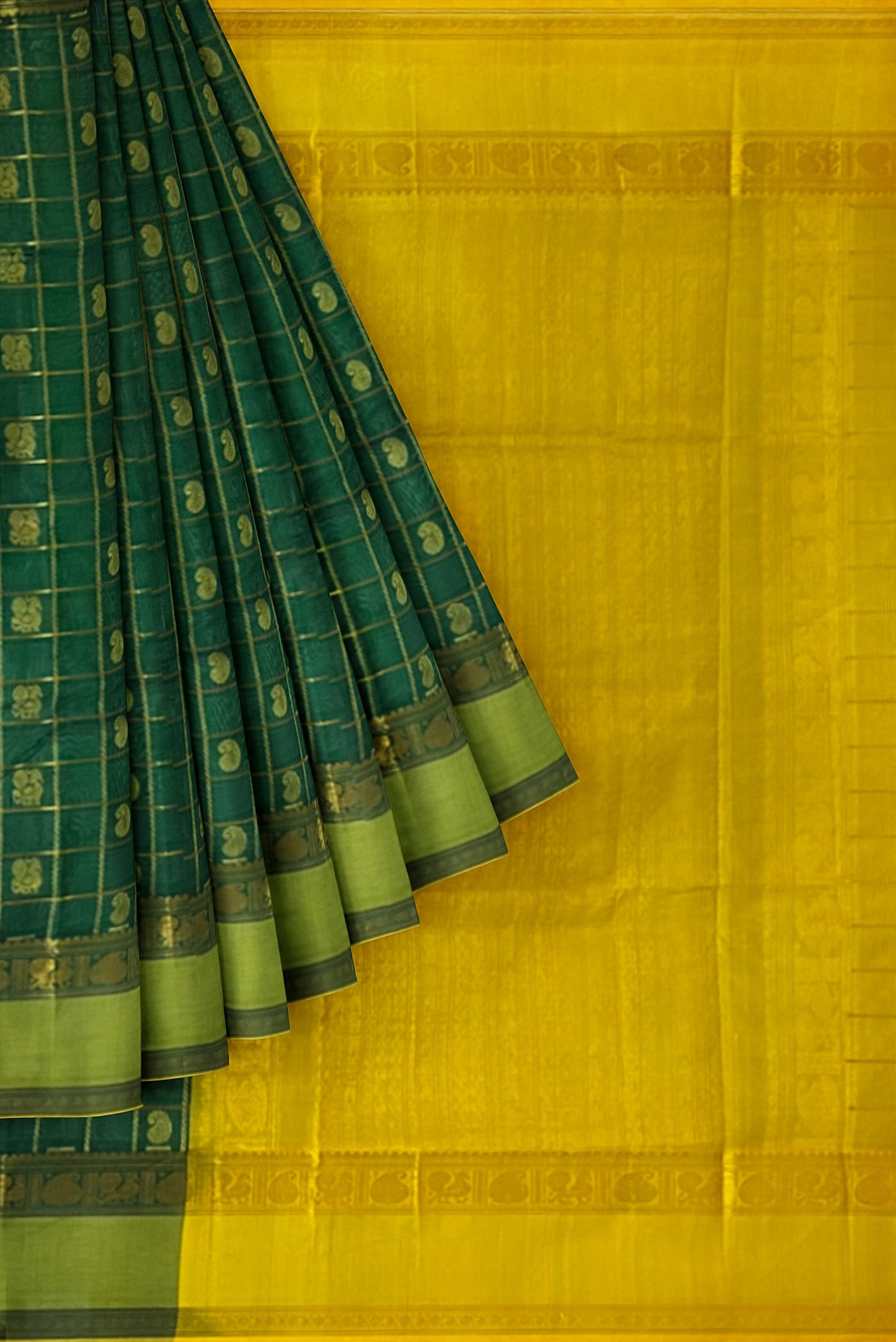 Bottle Green Checked Saree With Zari Buttas Pattern