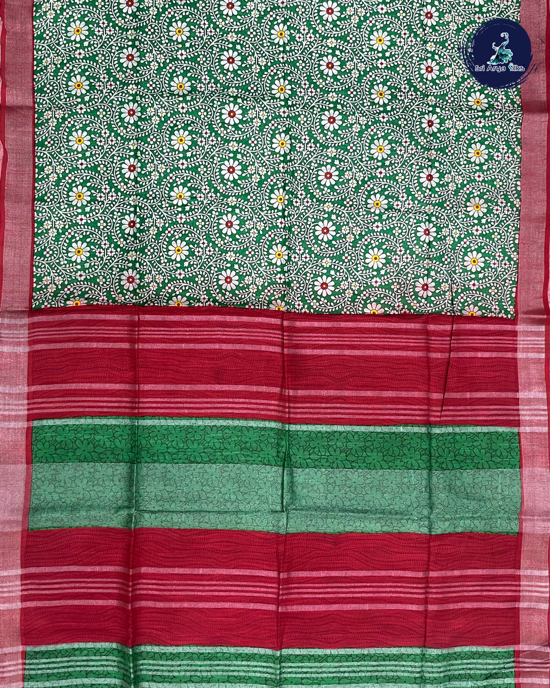 Green and Red Linen Cotton Saree
