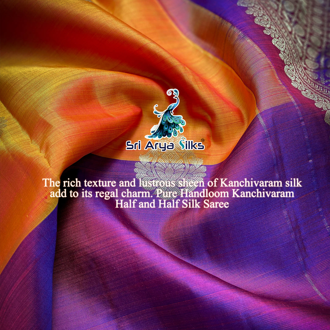 Mango Yellow and Purple Half and Half Pure Kanchipuram Silk Saree