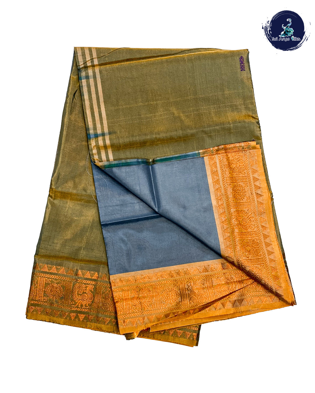 Green And Steal Blue Handwoven Banana Pith Saree