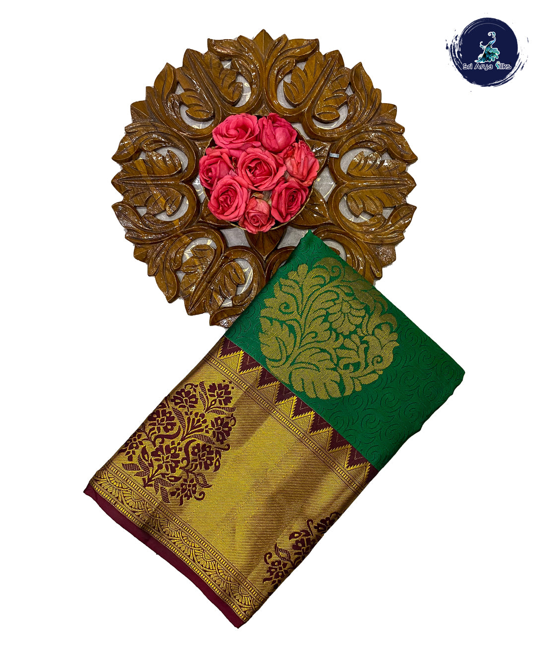 Bottle Green Embosed Saree With Maroon Blouse & Buttas Pattern