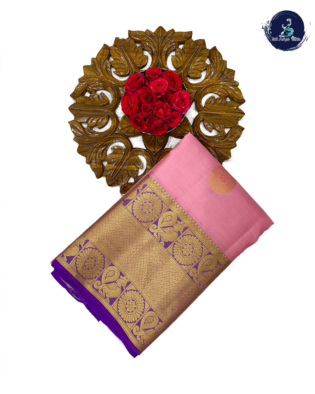 Lotus Pink Traditional Silk Saree With Violet Blouse & Buttas Pattern