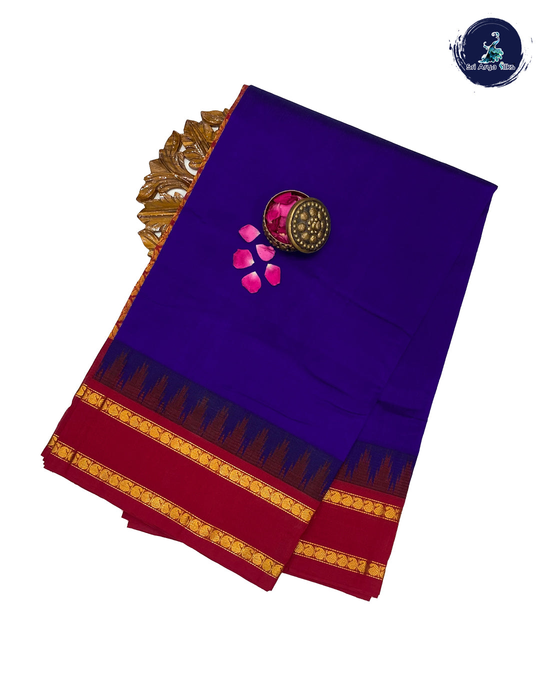 Navy Blue Korvai Silk Cotton Saree With Maroon Blouse & Plain Pattern