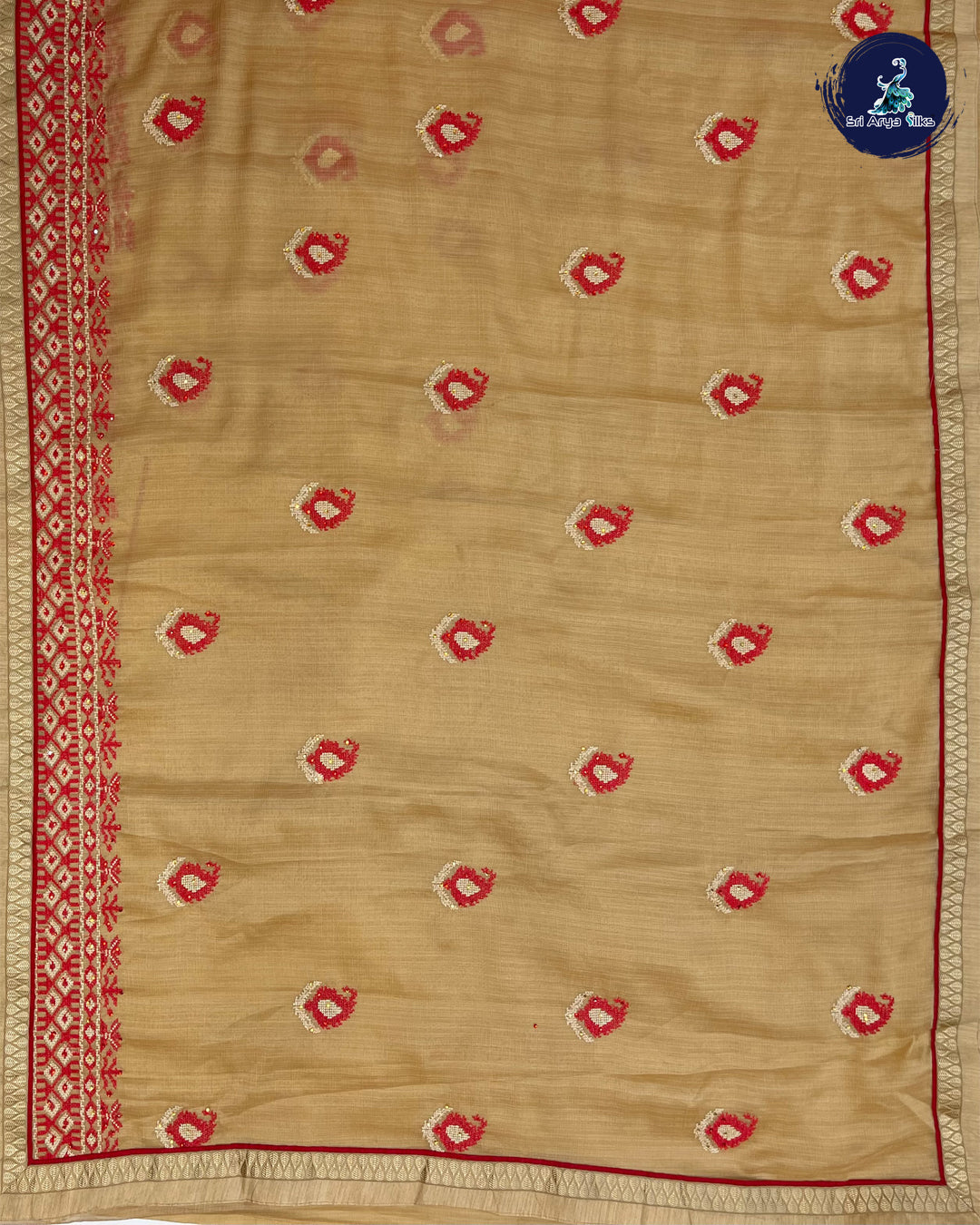 Light Brown and Red Semi Chiffon Saree