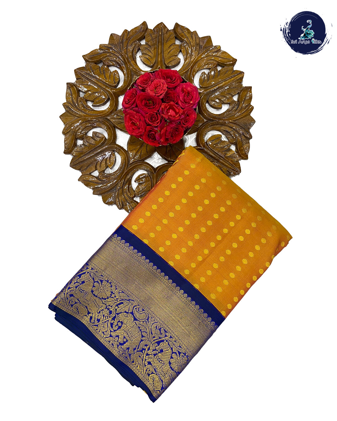 Lite Mustrad Orange Korvai Contrast Silk Saree With Navy Blue Blouse & Buttas Pattern